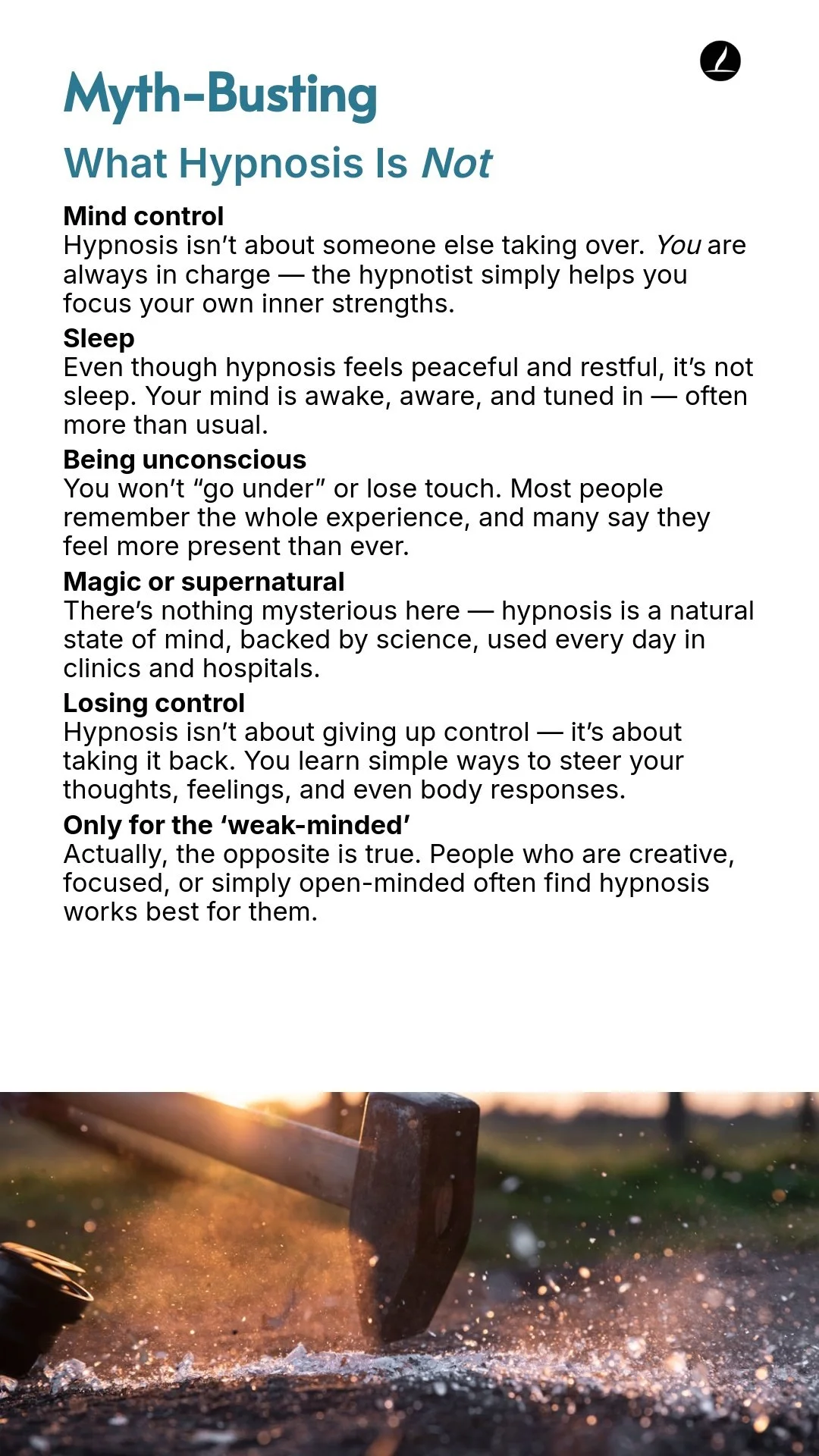 A text-based informational poster titled "Myth-Busting: What Hypnosis Is Not" with a photo of an axe chopping wood at sunset below it.