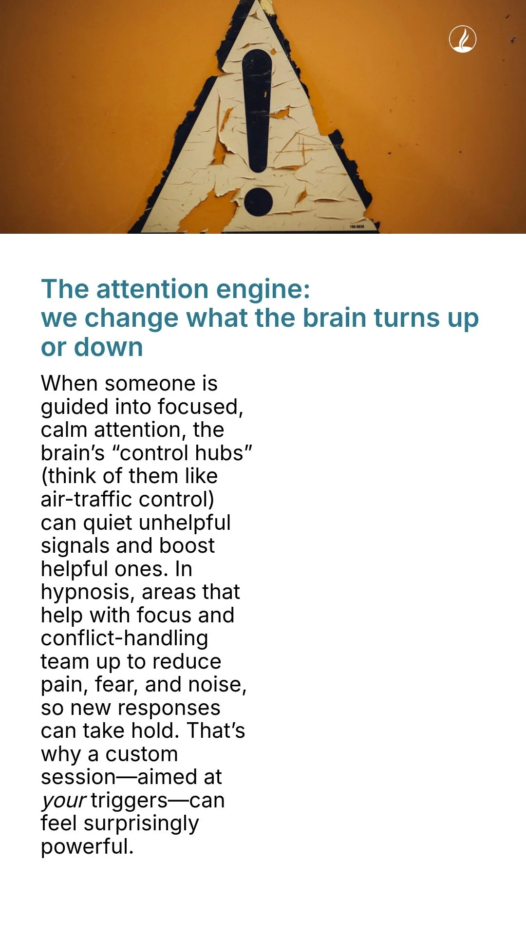 A torn and peeling warning sign with an exclamation mark inside a triangle. The background is an orange wall.