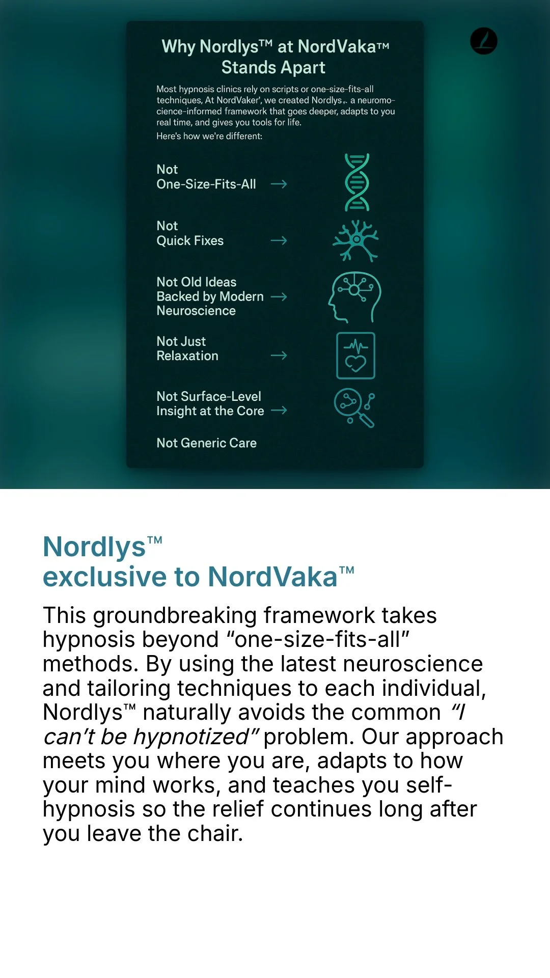 Poster explaining why Nordlys at NordVaka stands apart, highlighting that it's not one-size-fits-all, uses modern neuroscience, and emphasizes personalized, non-generic hypnosis techniques.