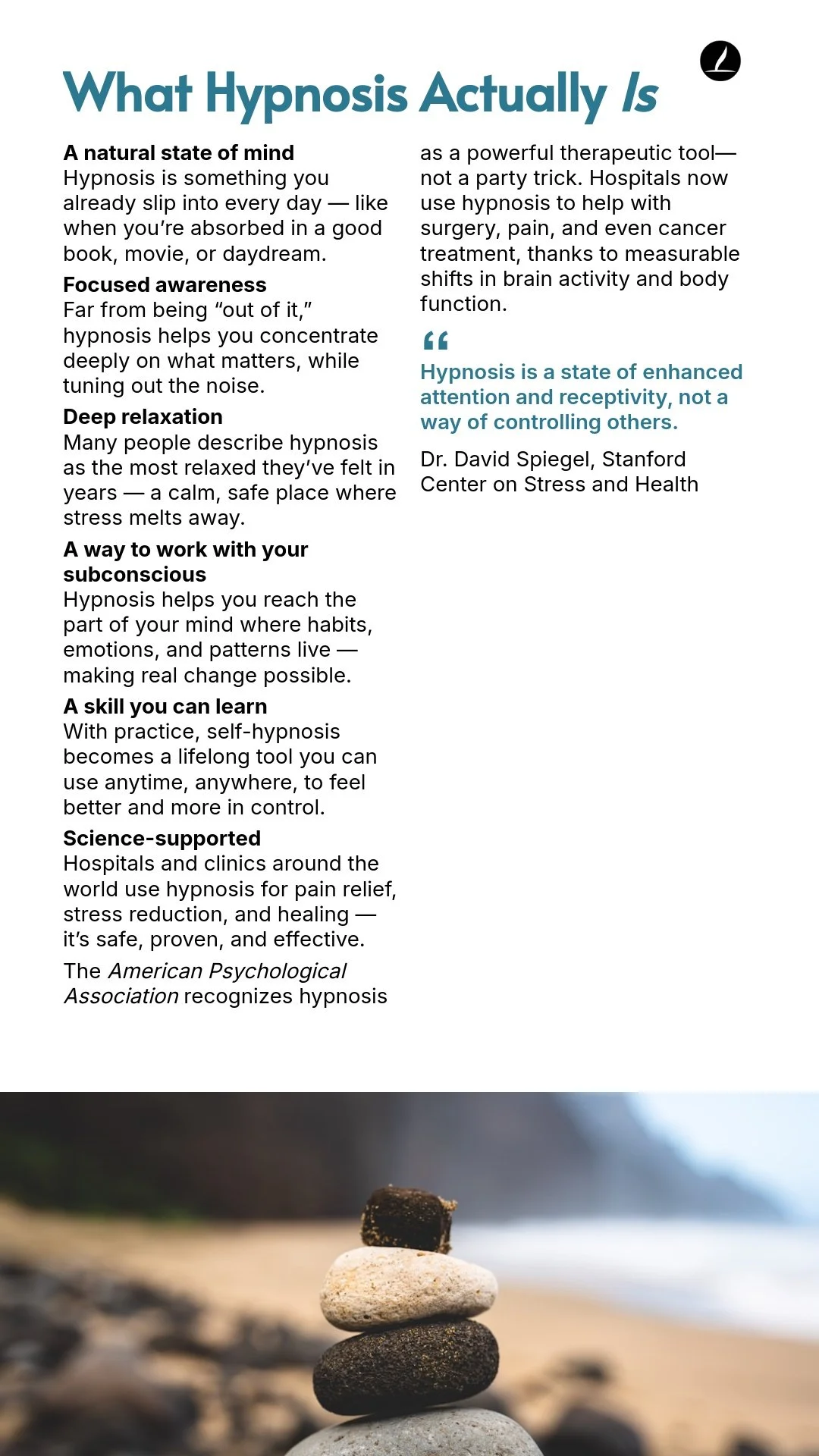 Informational pamphlet about hypnosis with a stack of balanced stones at the beach in the background.