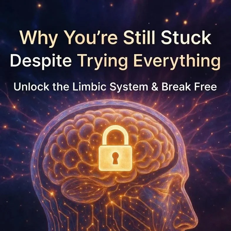 Digital illustration of a human brain with a lock symbol, representing unlocking the limbic system to break free from mental blocks, with glowing neural connections in a dark background.