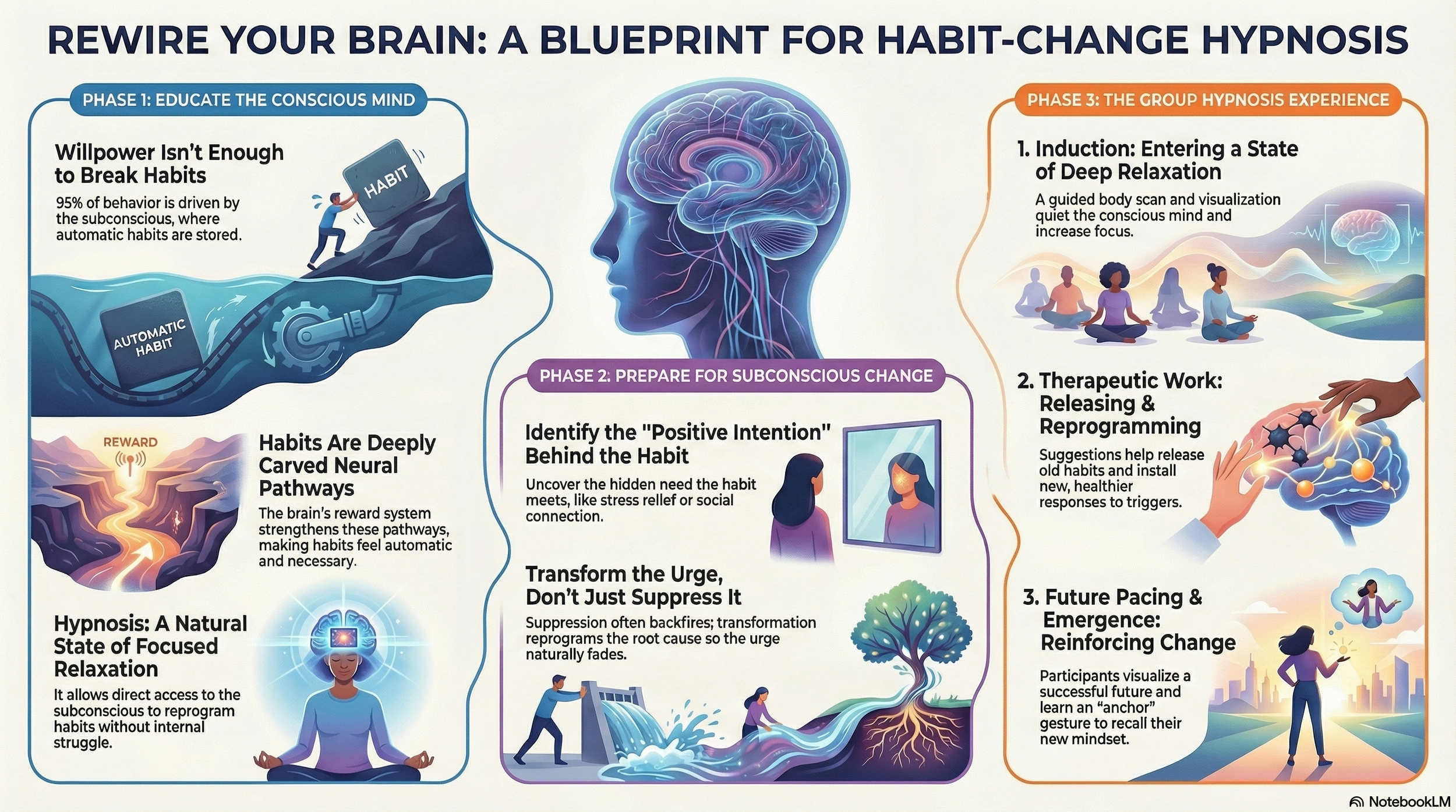 Infographic titled "Rewire Your Brain: A Blueprint for Habit-Change Hypnosis". It describes three phases of habit change: Phase 1 shows a brain with the caption "Educate the Conscious Mind" and mentions that willpower isn't enough to break habits, highlighting automatic habits and subconscious behavior. Phase 2 depicts a person looking into a mirror with the caption "Prepare for Subconscious Change" and discusses identifying positive intentions behind habits and transforming urges into healthier responses. Phase 3 shows seated meditation, a brain with dynamic connections, and a woman with her arms raised, detailing the group hypnosis experience: entering a state of deep relaxation, therapeutic work to release and reprogram old habits, and future pacing to reinforce change.