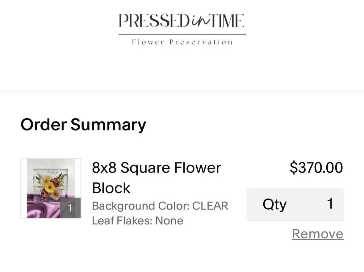Order summary from Pressed in Time flower preservation, showing a purchase of one 8x8 square flower block with a thumbnail of a floral arrangement featuring yellow, purple, and red flowers, priced at $370.00.