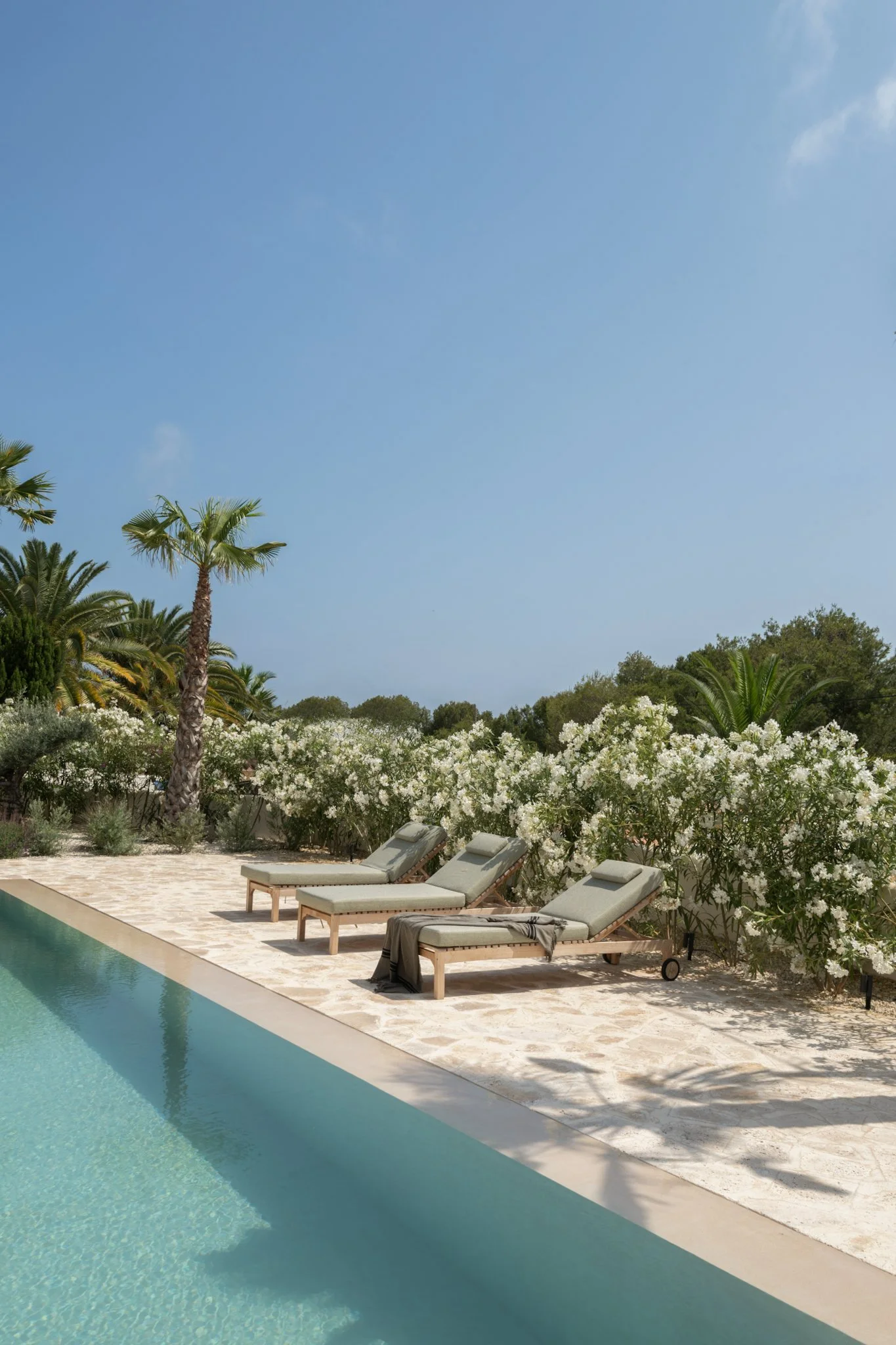 Outdoor sun loungers with comfortable sun lounger cushions by the pool in the garden of the project 