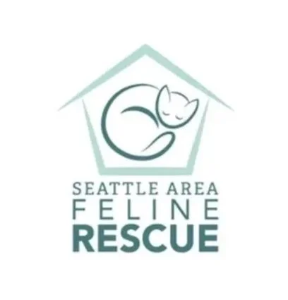 Logo of Seattle Area Feline Rescue featuring a stylized cat curled inside a house outline.