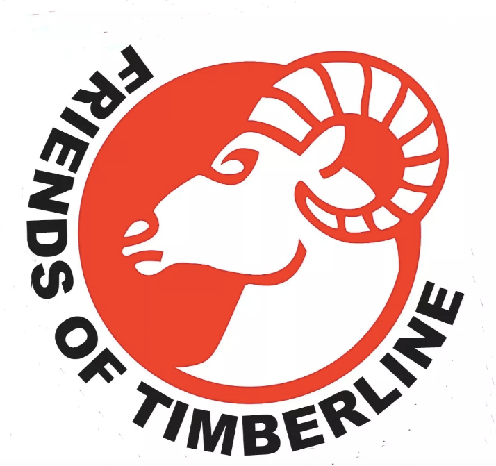 Logo of Friends of Timberline: a stylized red elk head with large curved horns, encompassed by the organization name in black text.