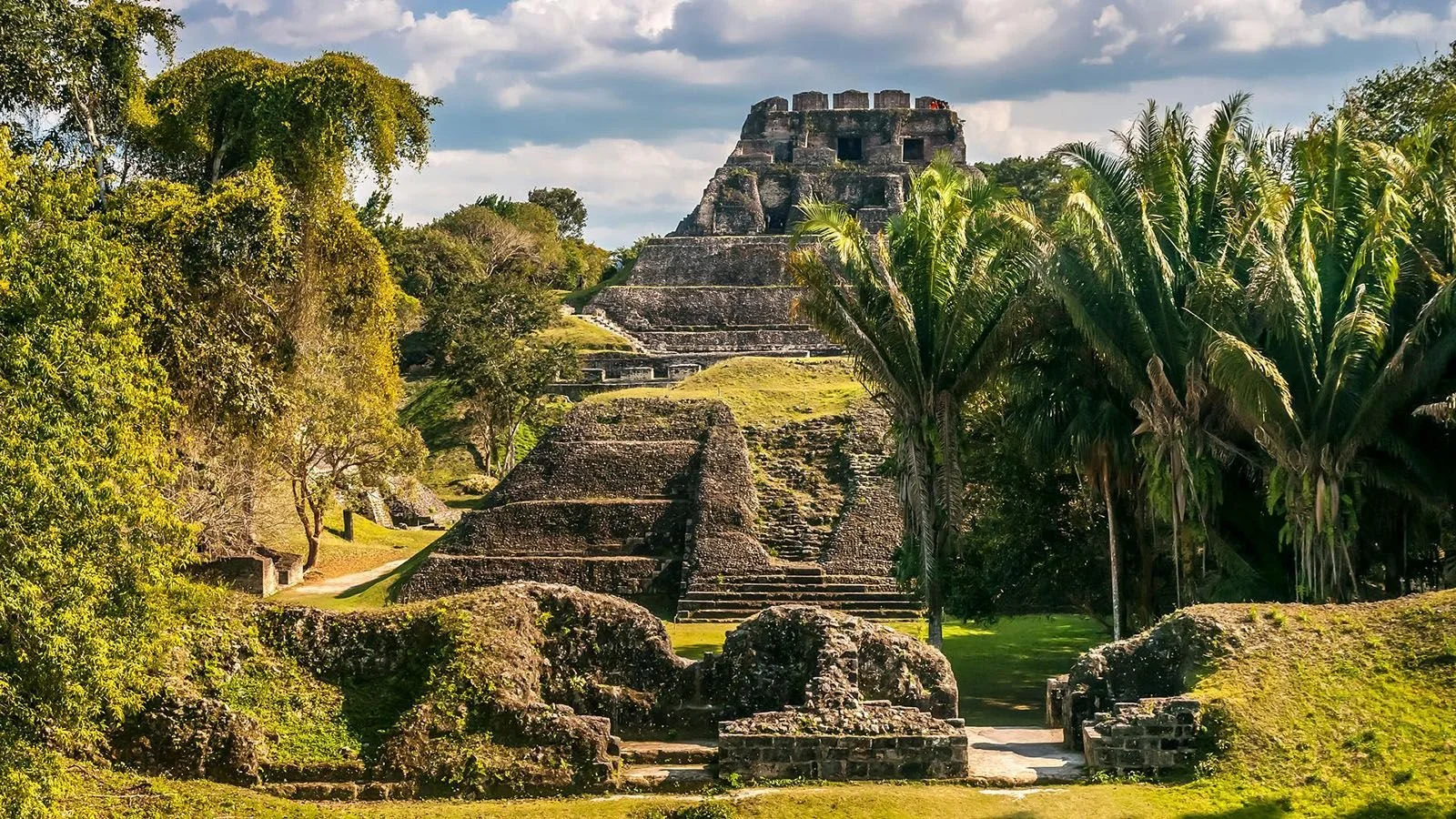 Ancient Mayan pyramid surrounded by lush green trees and vegetation, with a partly cloudy sky in the background.