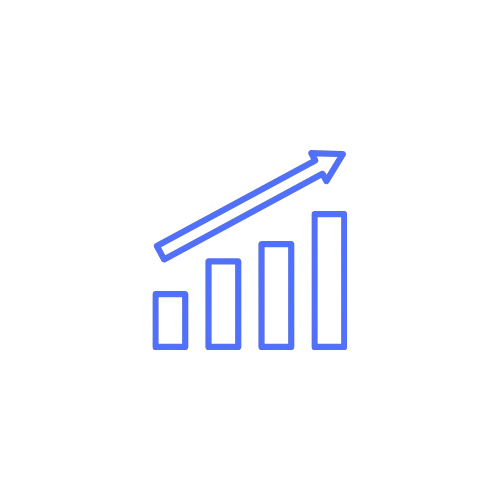 Blue line graph with increasing bars and upward arrow on a black background.
