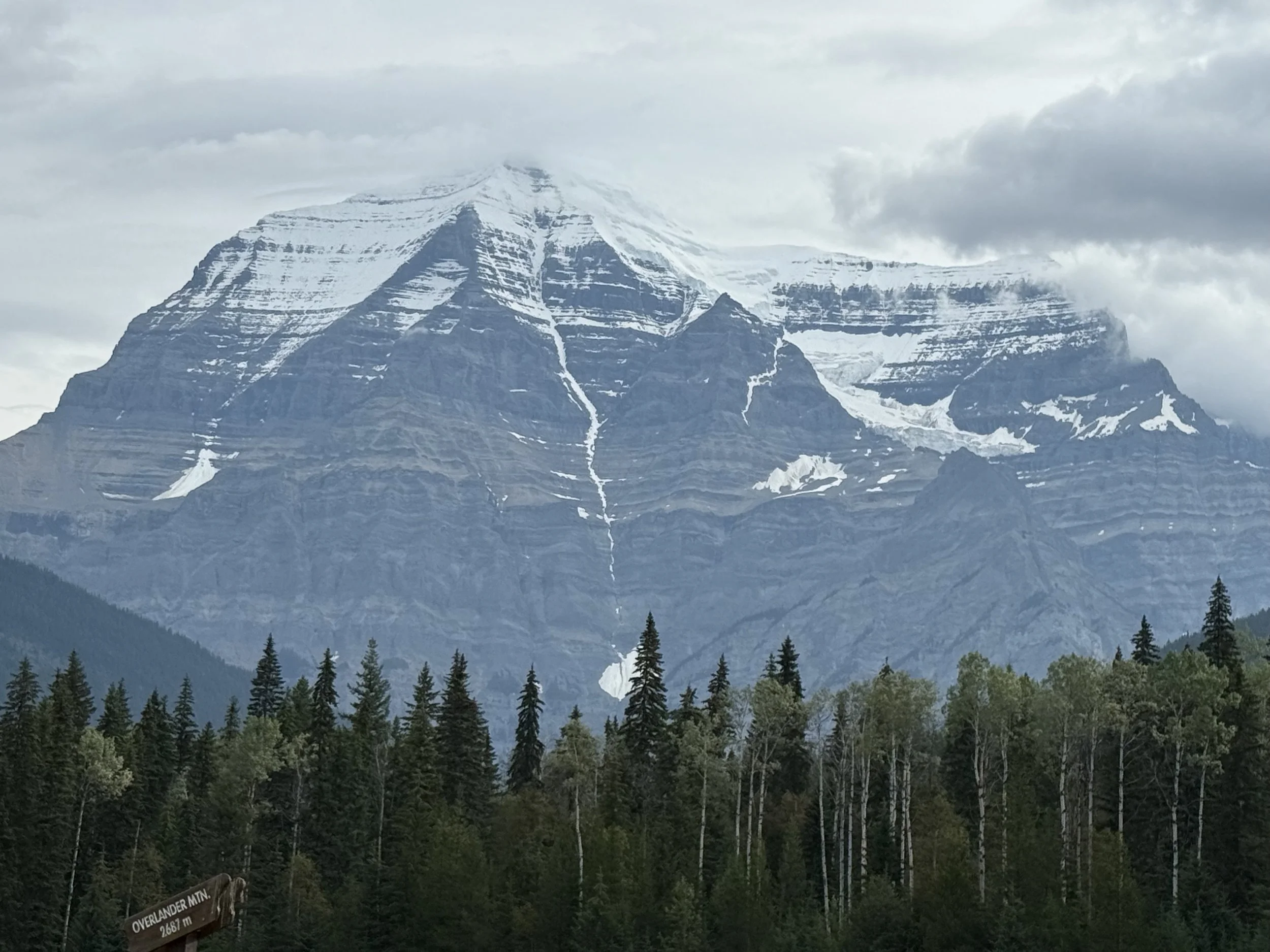 A snow-capped mountain with a forest of pine trees in the foreground and cloudy sky above. Mount Robson, Canada