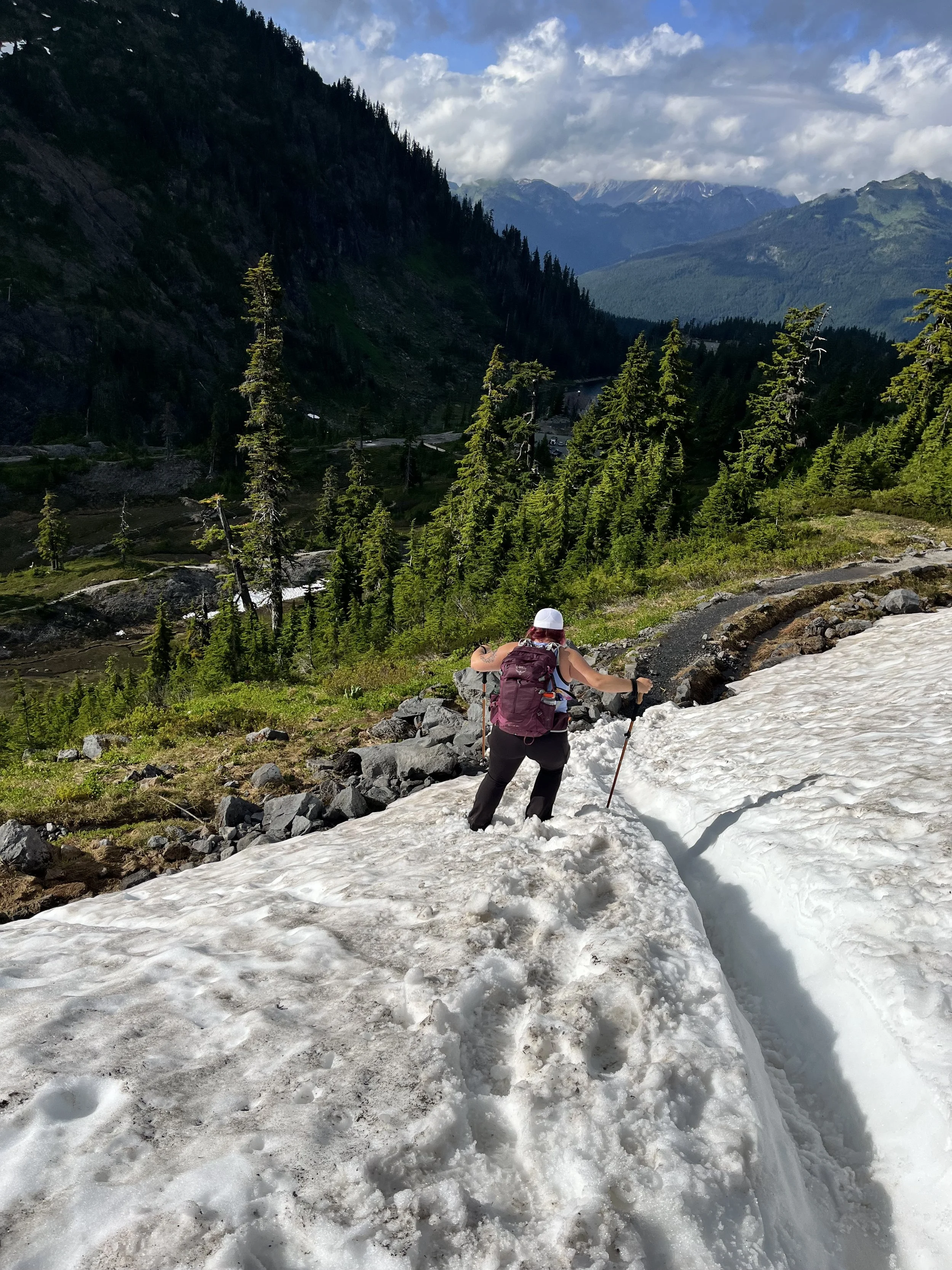 A hiker wearing a white hat, purple backpack, and black pants crossing a snow-covered trail in a mountainous forested area with green trees and distant mountains.