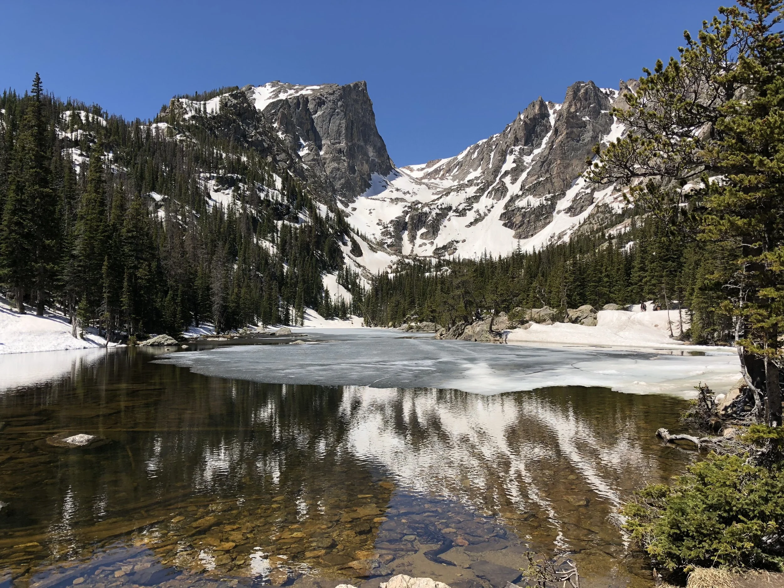 A mountain landscape with snow-capped peaks, a partially frozen lake, dense evergreen forests, and a clear blue sky. Estes Park, Colorado