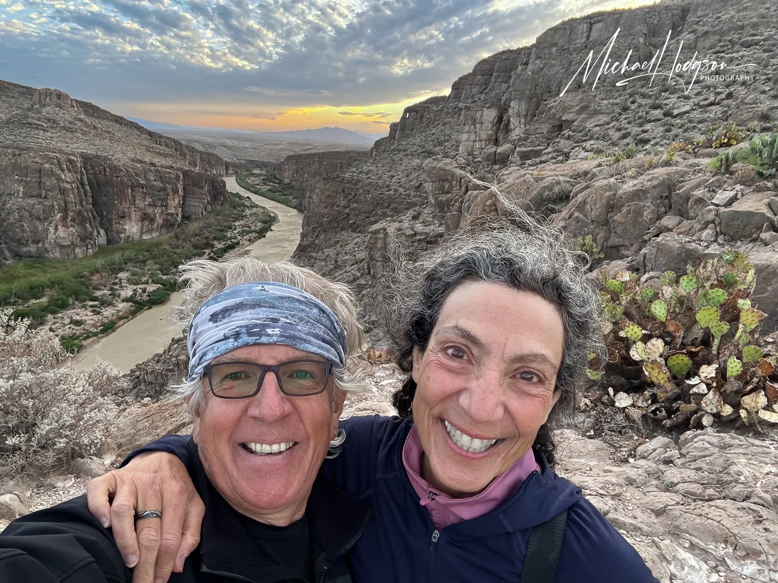 Michael Hodgson and Therese Iknoian at Ernst Trail Overlook above the Rio Grande at sunset.