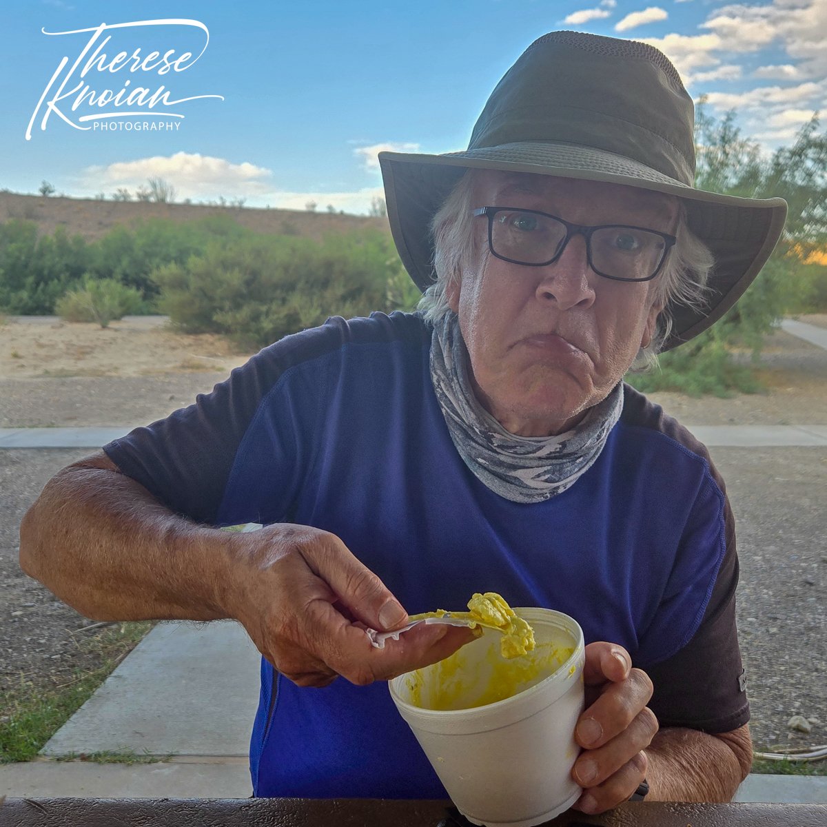 Michael eating potato salad with no utensils