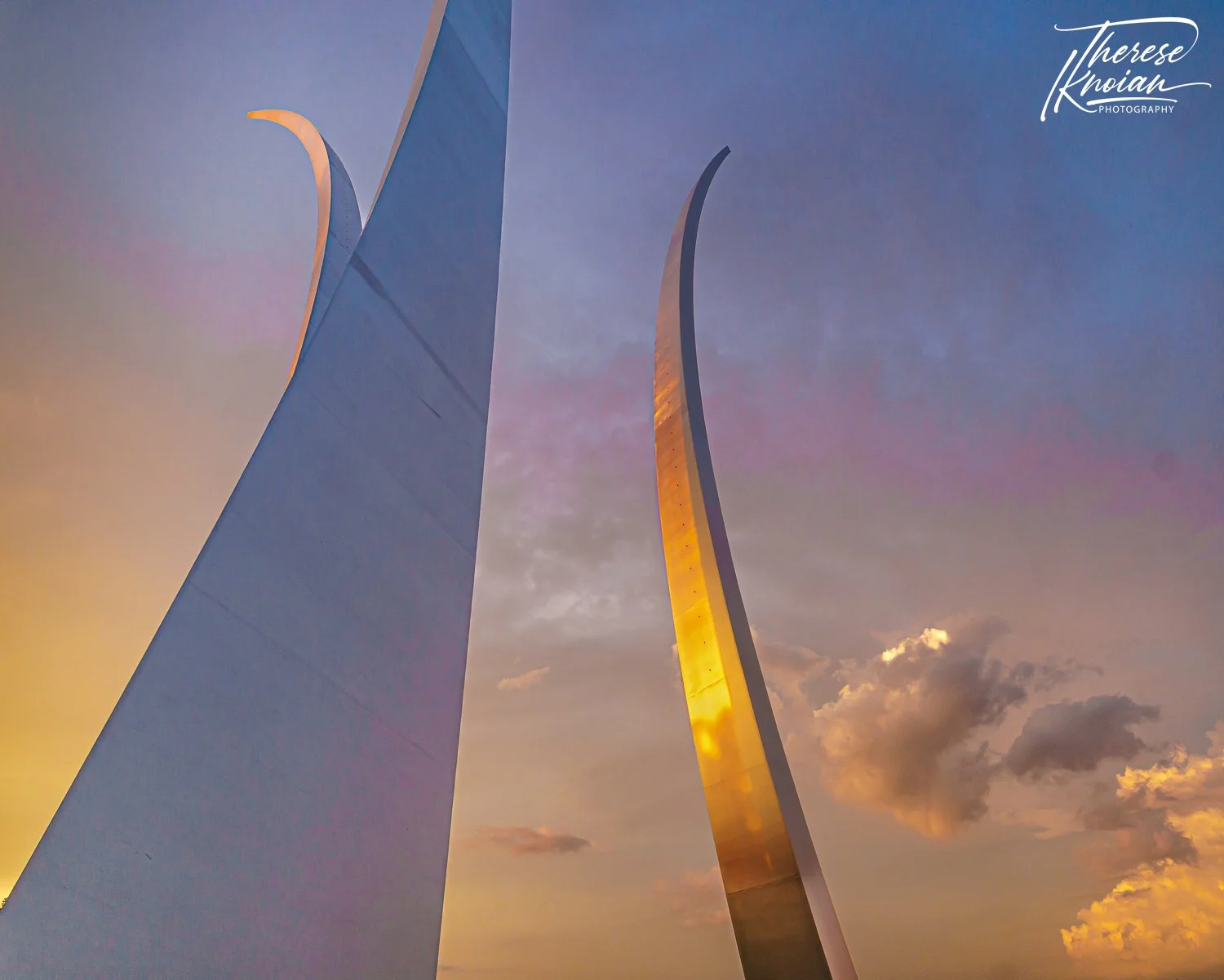 Looking up at the Air Force Memorial at sunset.