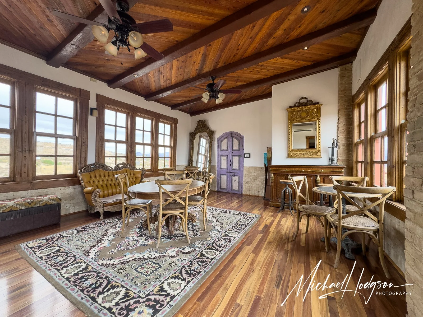 The second floor living room in the historic Perry Mansion in Terlingua.