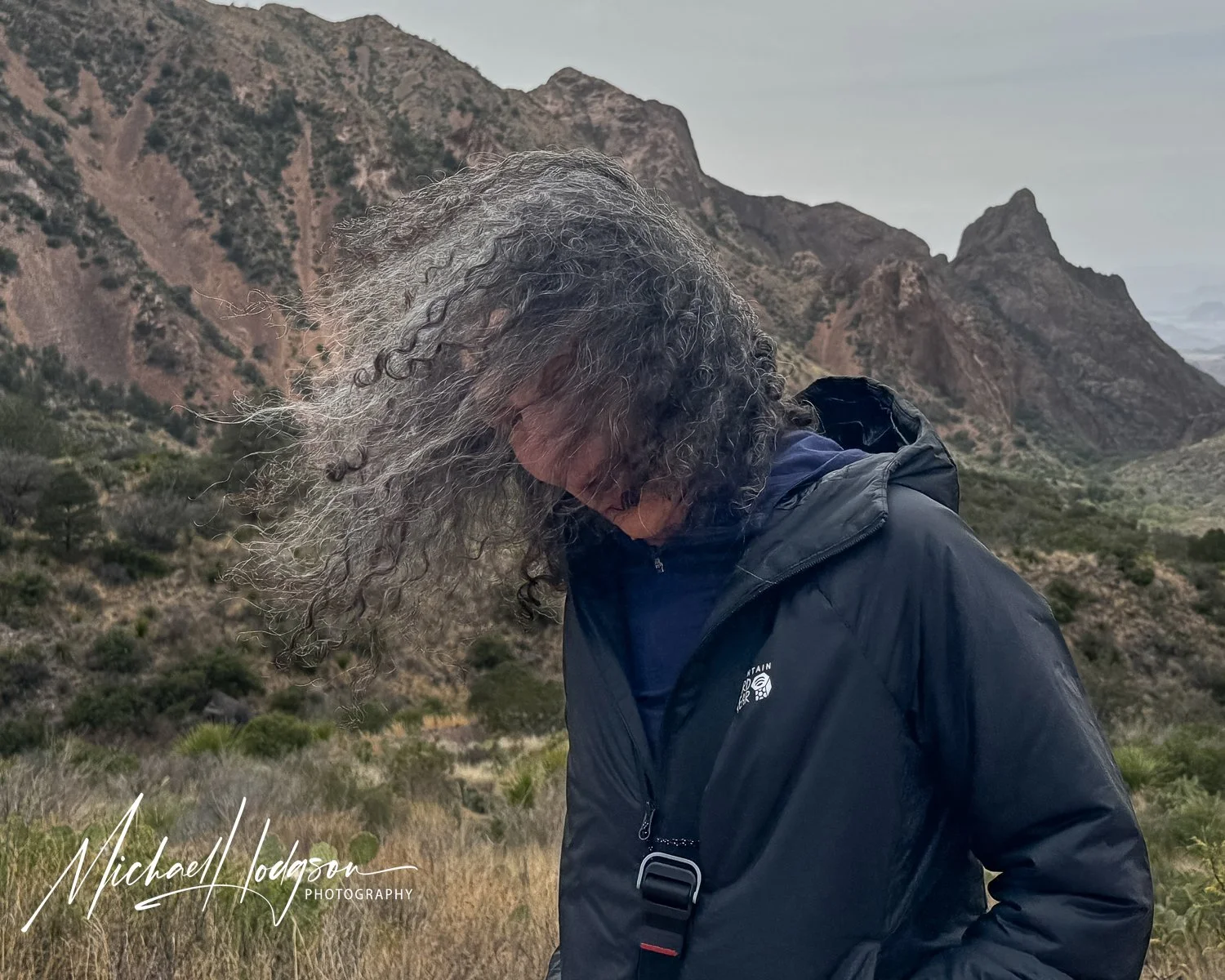 Therese Iknoian getting windblown in the Chisos Mountains