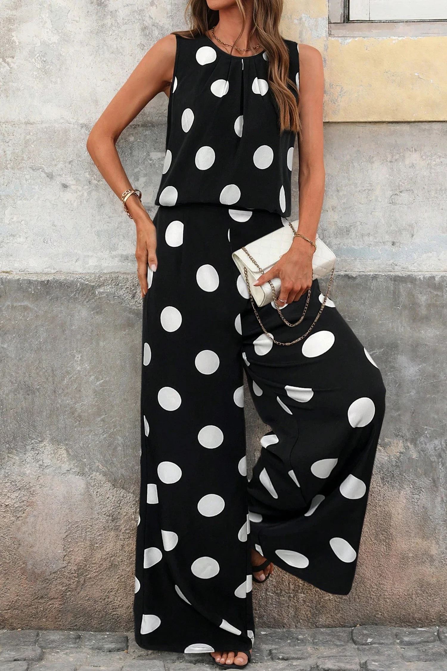 Chaka Black Polka Dot Print Pleated Round Neck Tank Casual Wide Leg Two-Piece Outfit