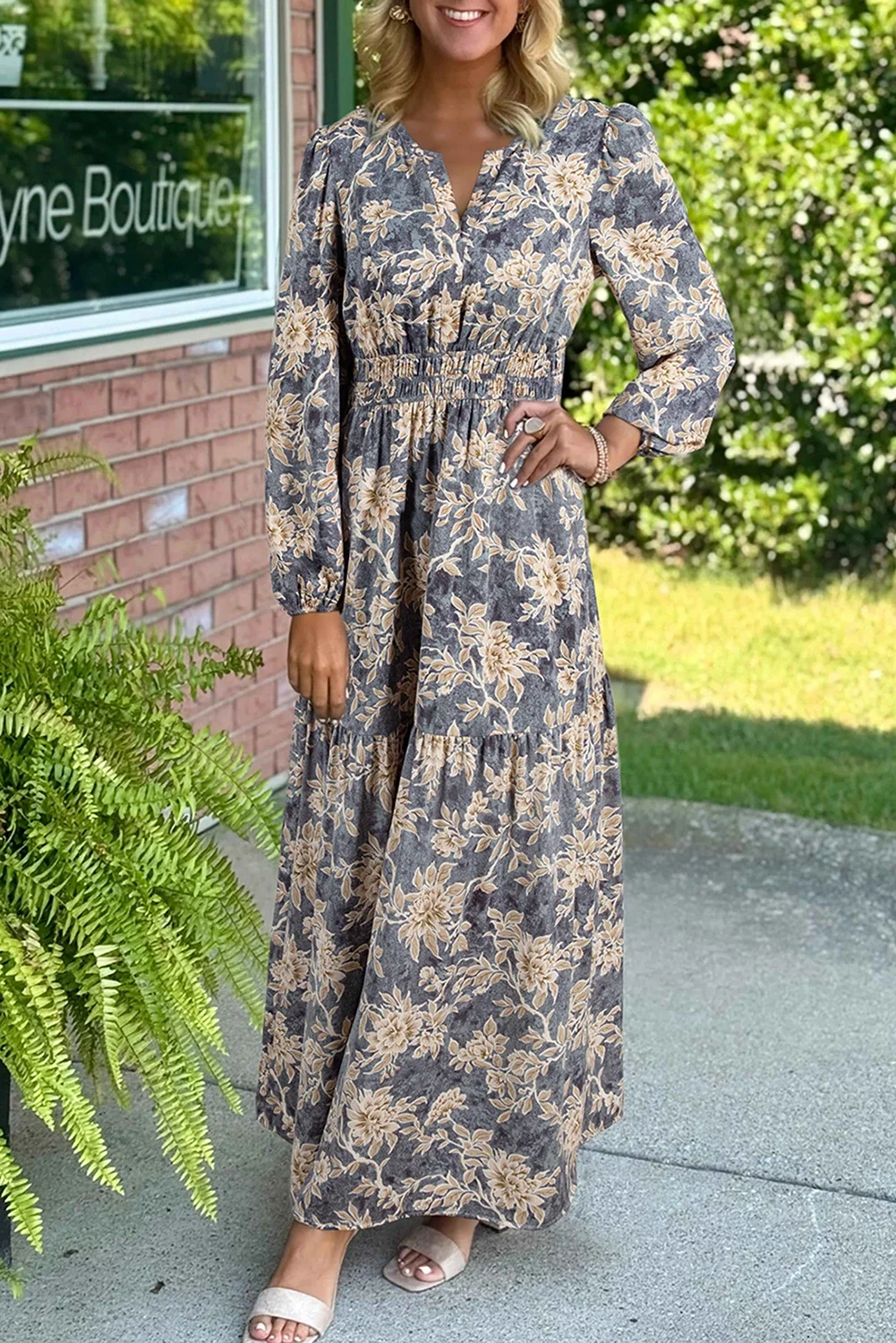 Nixie Floral Print Smocked High Waist Long Sleeve Maxi Dress