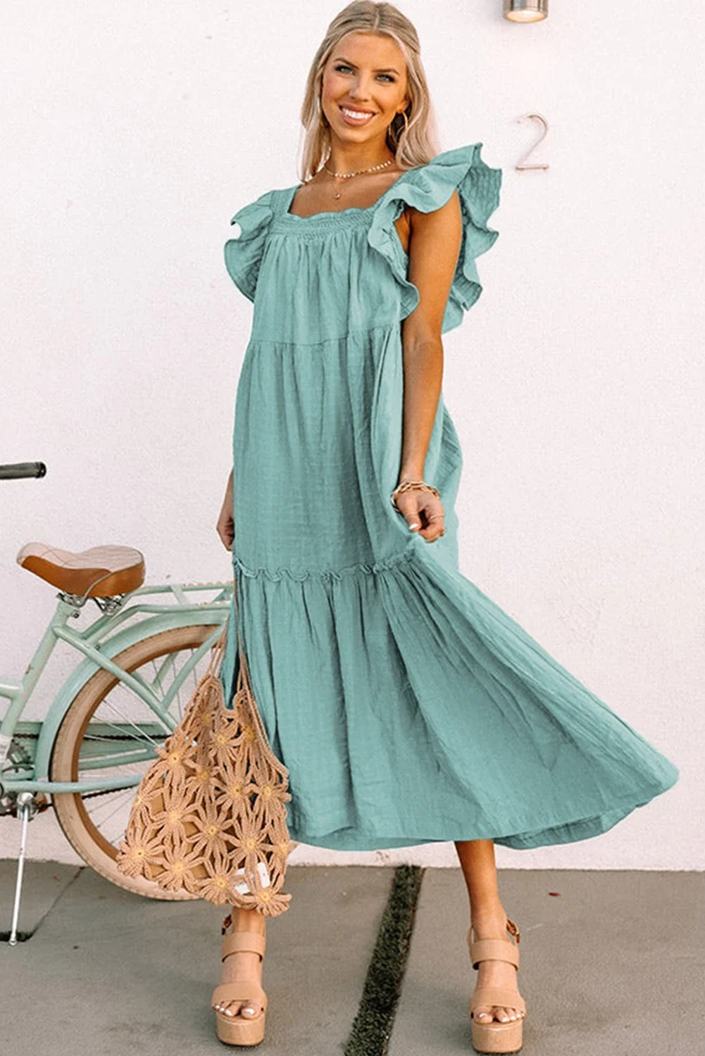 Sarah Ruffled Flutter Sleeve Square Neck Textured Tiered Maxi Dress