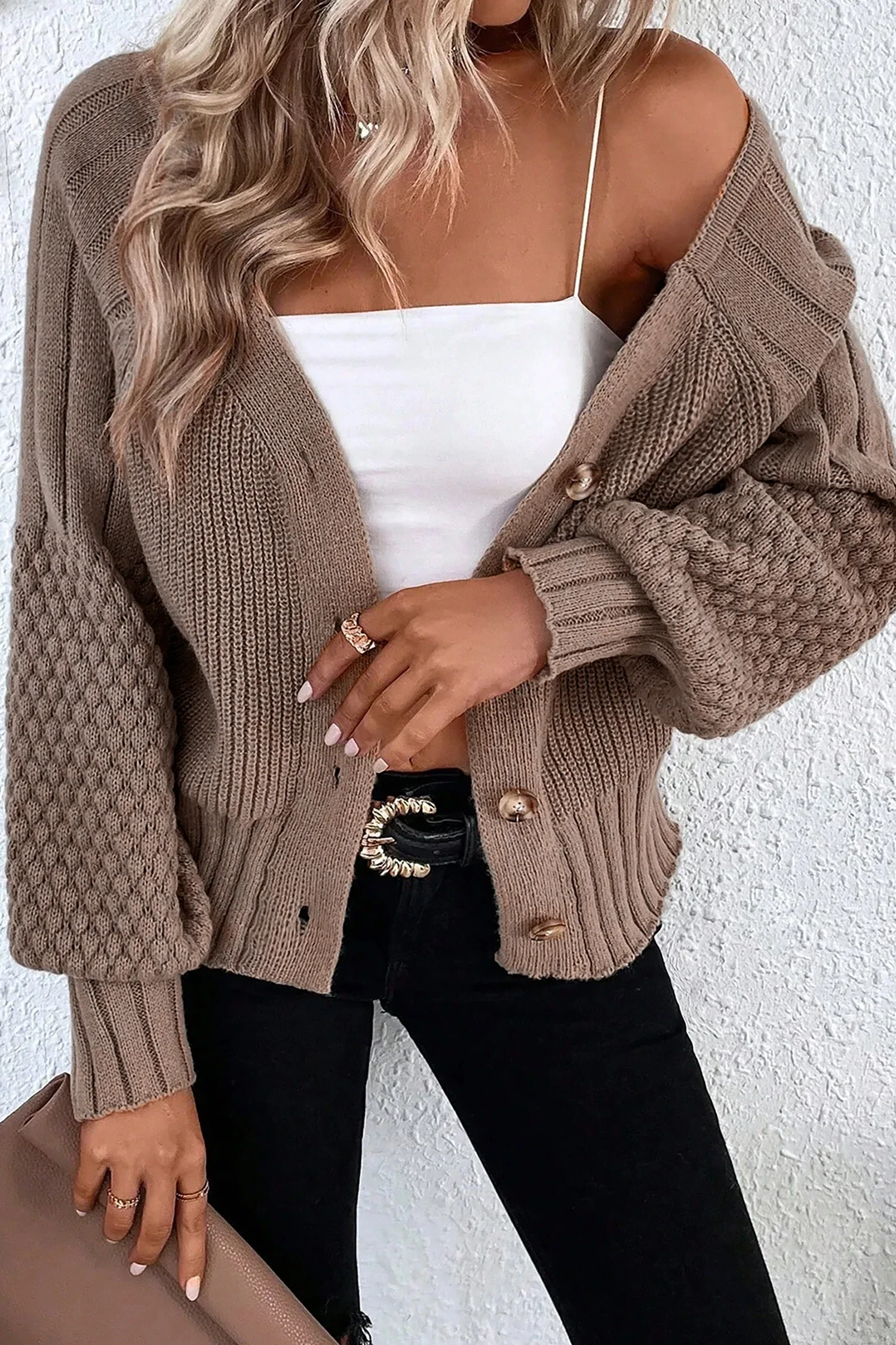 Charlee Mixed Texture Knit Button V Neck Sweater Cardigan