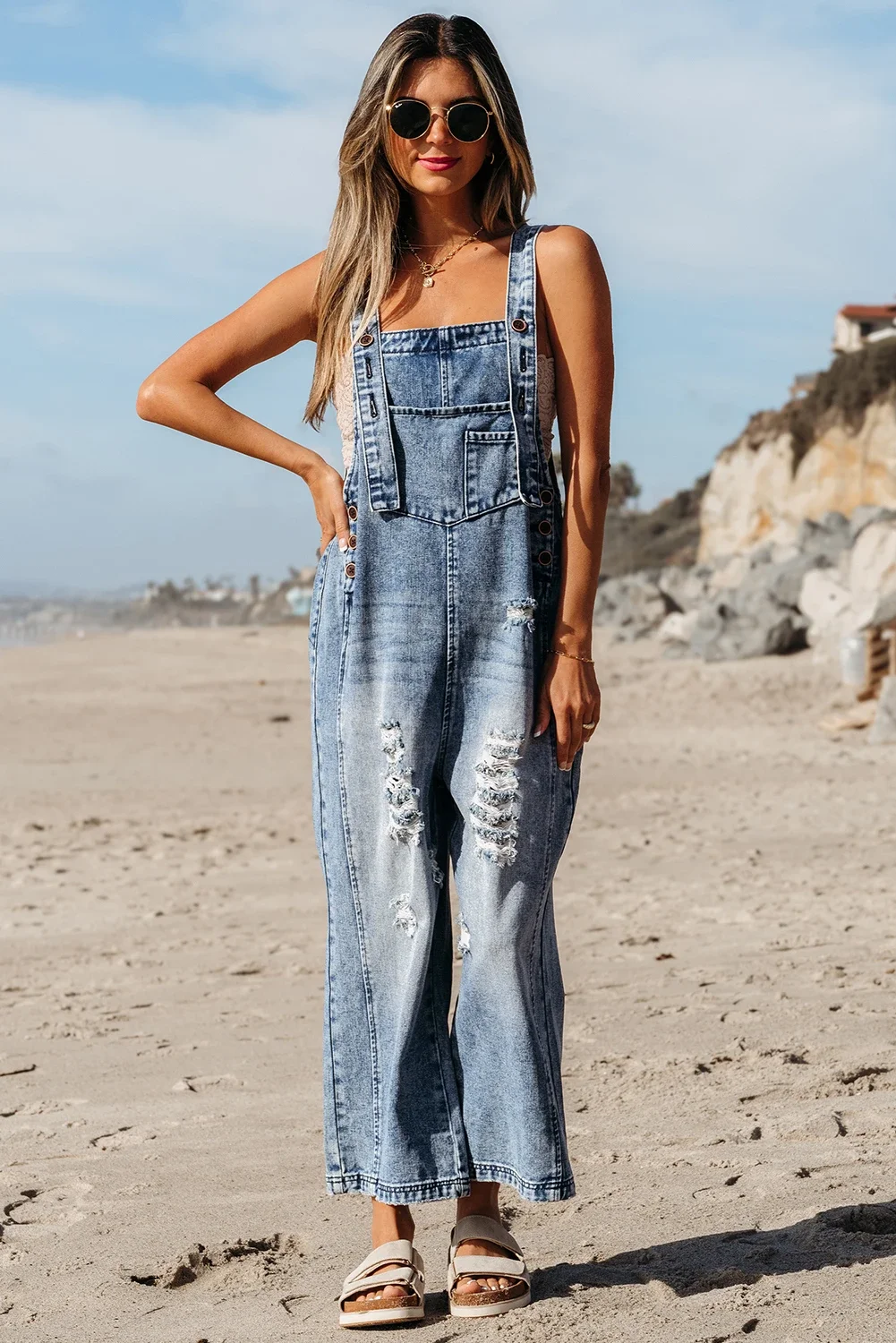 Mackie Stone Blue Distressed Bib Pocket Wide Leg Denim Overall