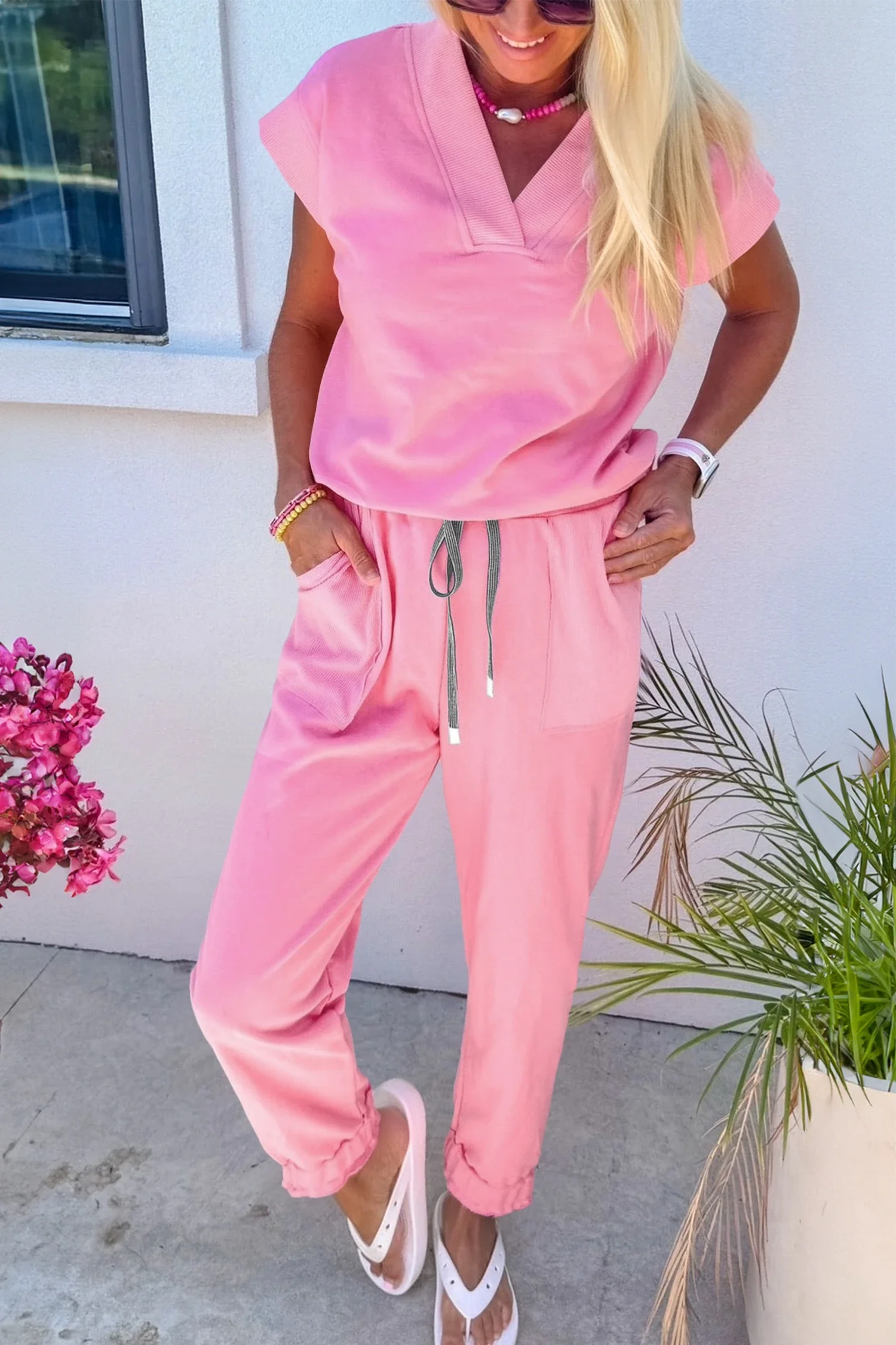 Taryn Pink V Neck Tee Drawstring Pant Set