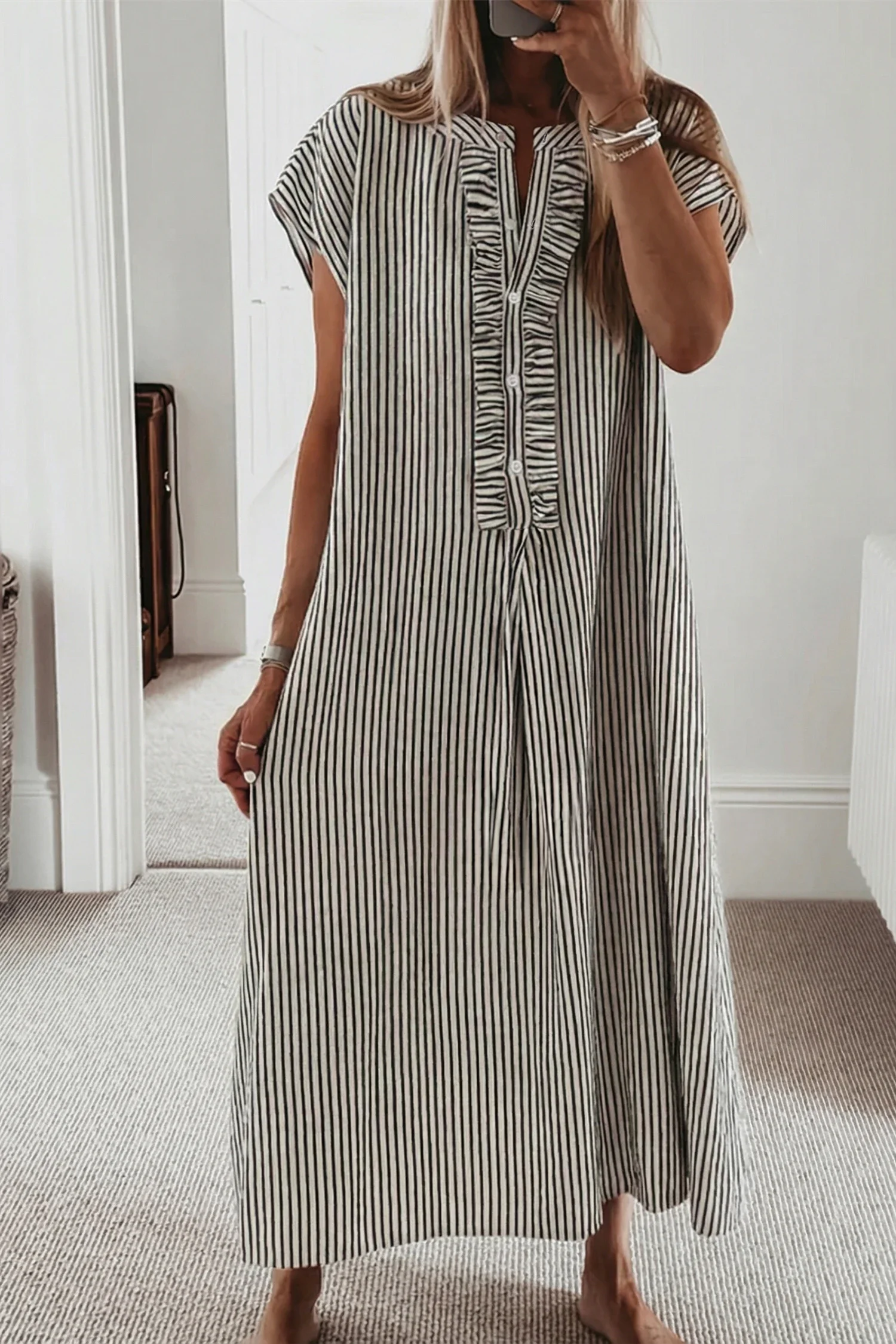 Lorette Black Stripe Frilled Detail Half Buttons Short Sleeve Long Dress