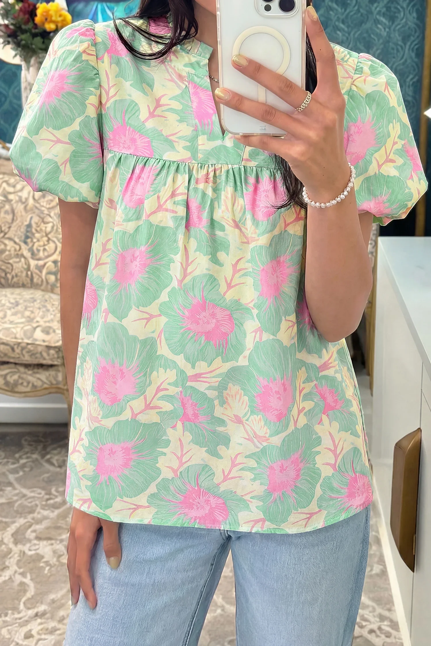 Tallis Green Short Bubble Sleeve Summer Floral Blouse