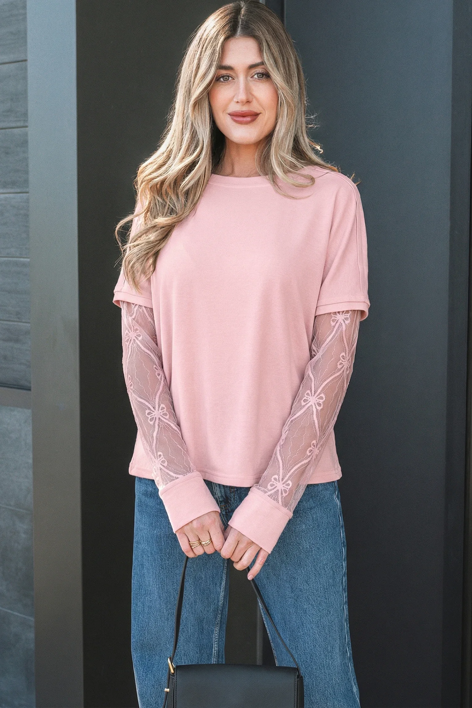 Alyse Light Pink Bow Textured Patchwork Long Sleeve Tee