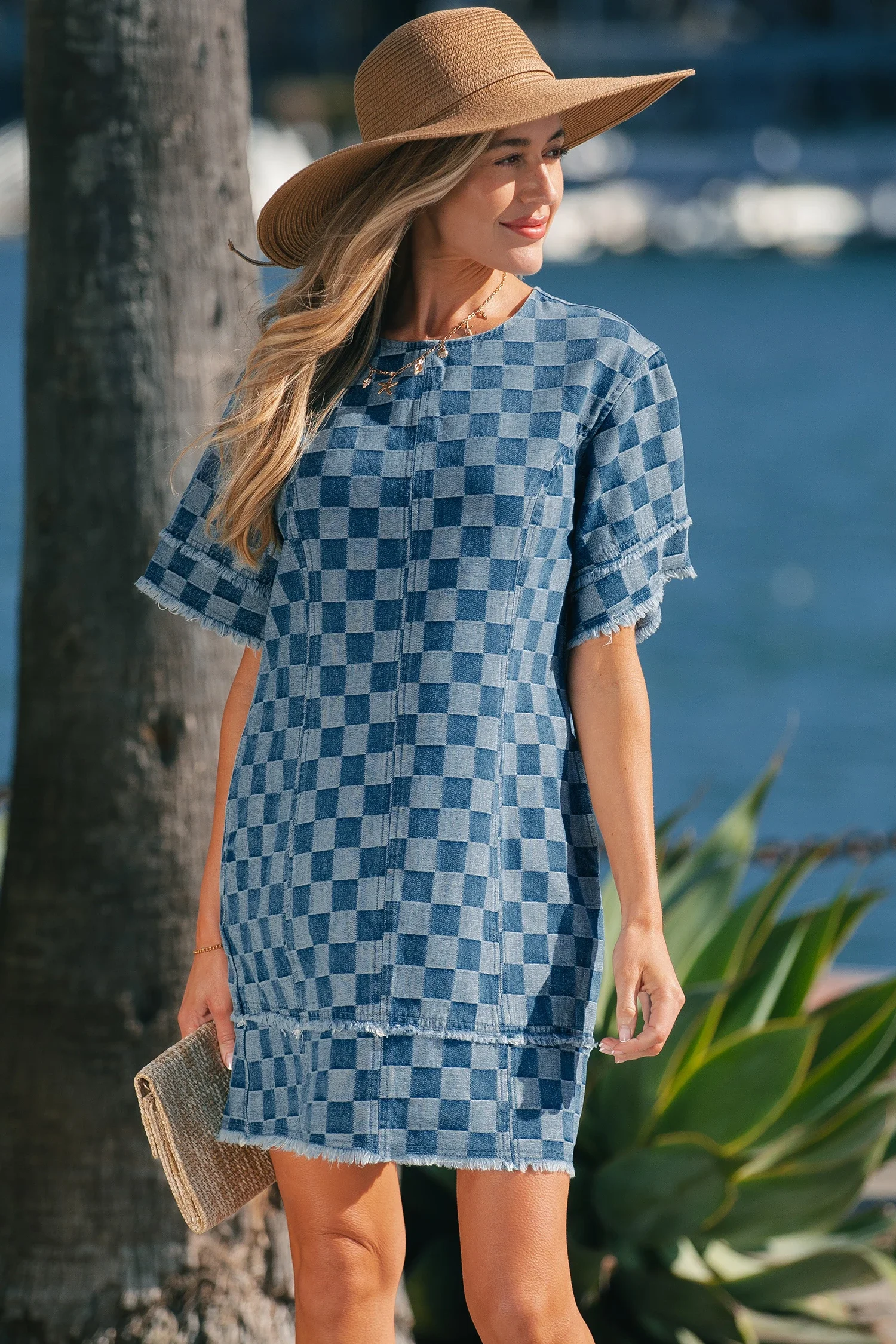 Jasleen Sky Blue Frayed Hem Checkered Denim Mini Dress