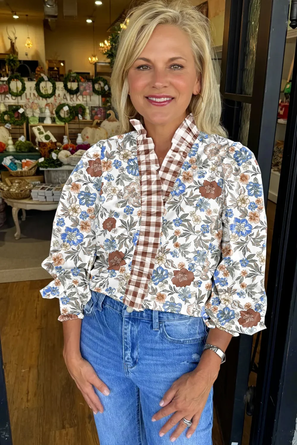 Carlene Brown Plaid Frilled Trim V Neck Floral Long Sleeve Blouse