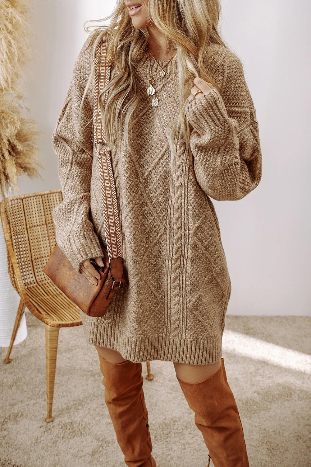 Kenna Parchment Cable Knit Drop Shoulder Loose Fit Sweater Dress