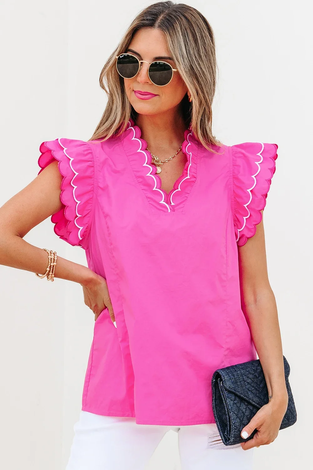 Jerika Bright Pink Contrast Scallop Trim Layered Short Sleeve V Neck Blouse