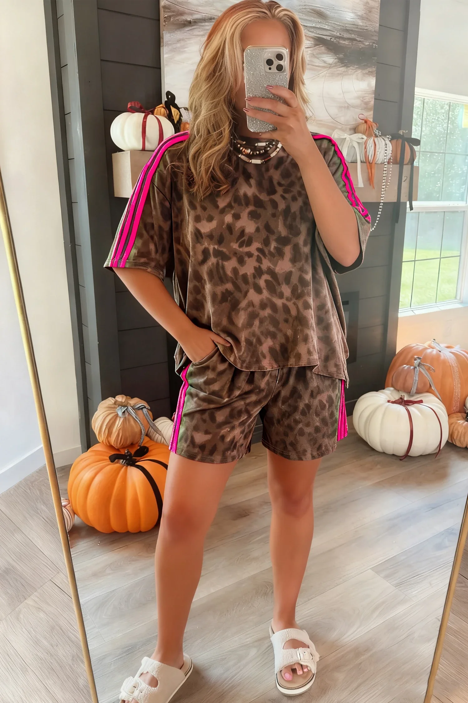 Electra Brown Contrast Striped Accent Leopard Short Set