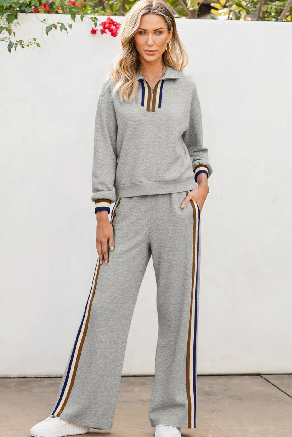 Julianna Grey Striped Patchwork Quarter Zip Pullover Loose Pant Set