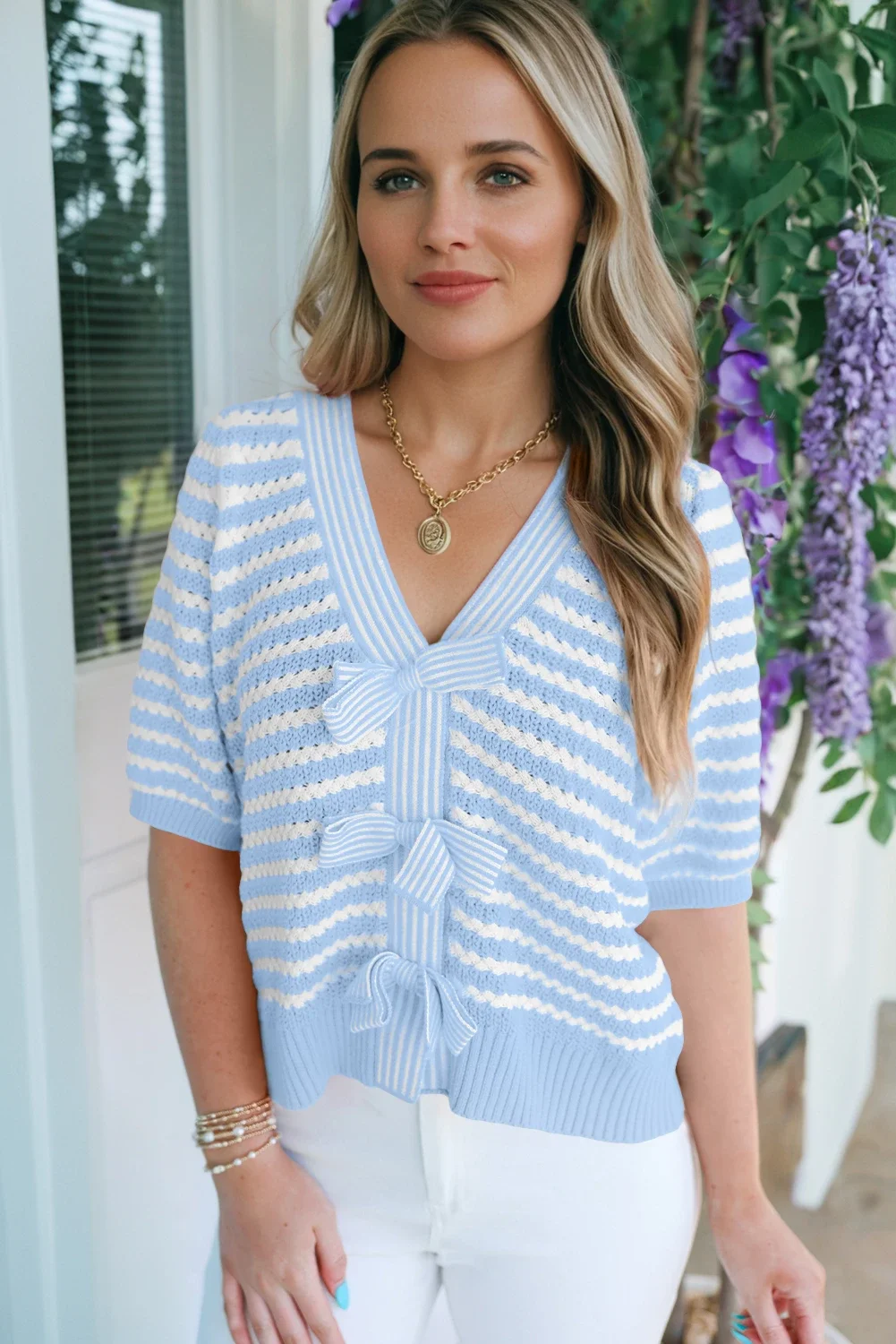 Graylee Sky Blue Stripe Short Sleeve Knit V Neck Bow Knot Sweater