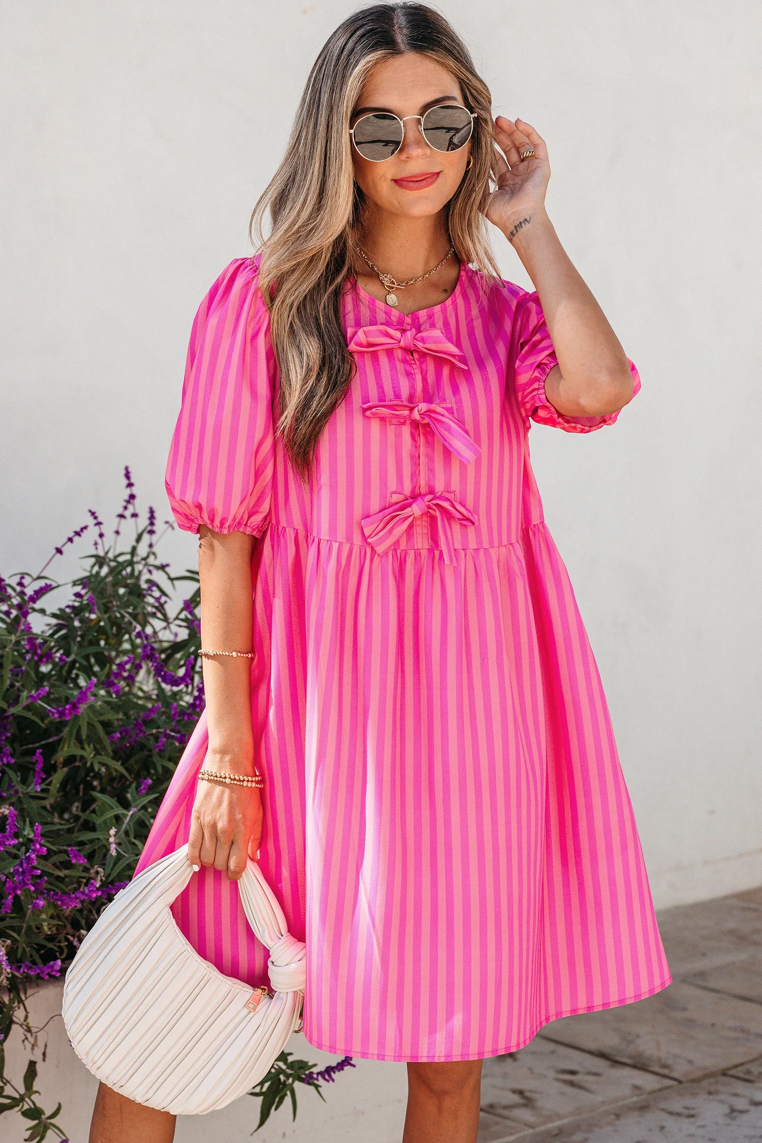 Mayra Striped Print Bow Detail Short Puff Sleeve Mini Dress