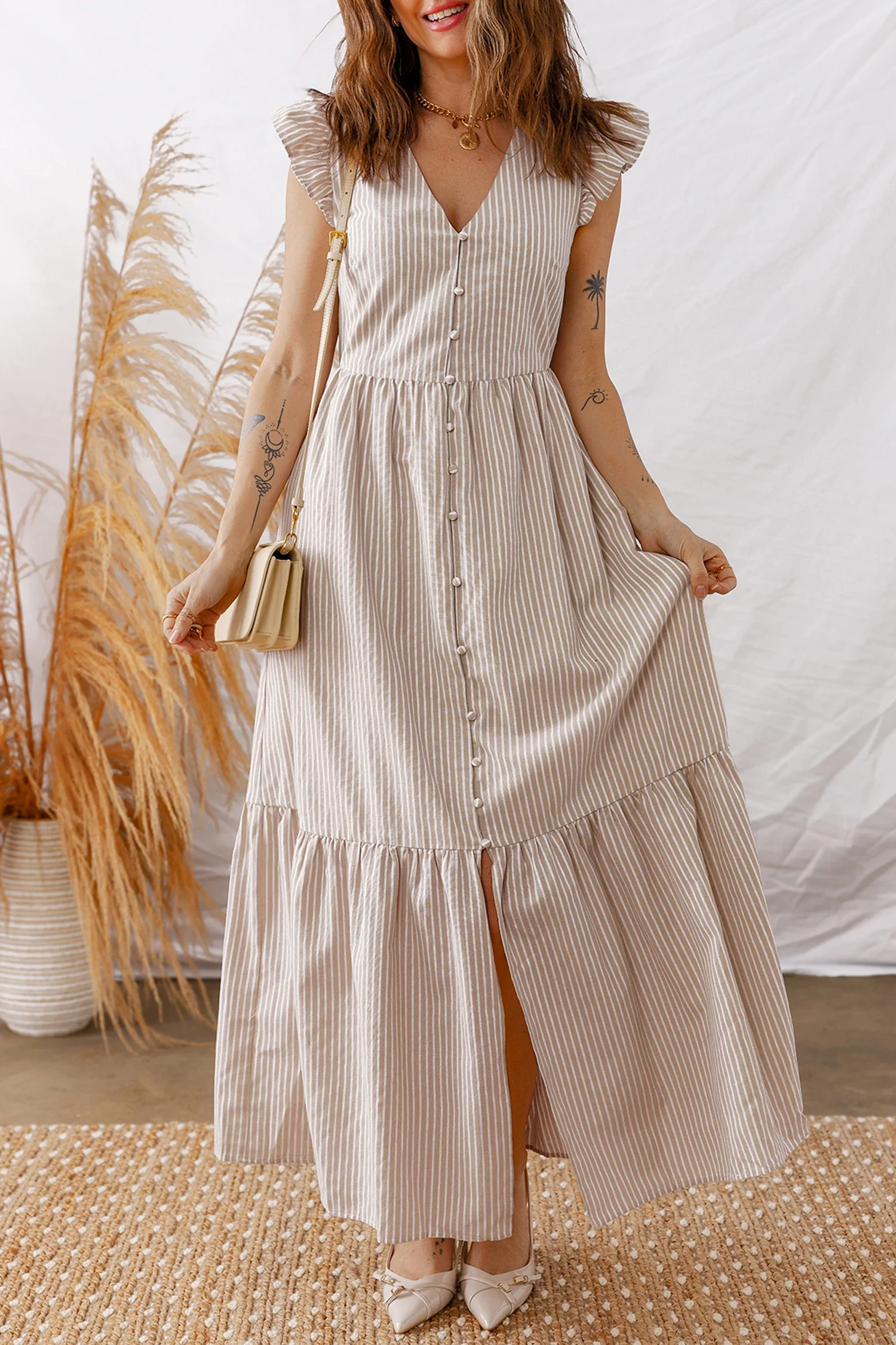 JoDee Khaki Stripe Flutter Sleeve Buttoned Front Slit Maxi Dress
