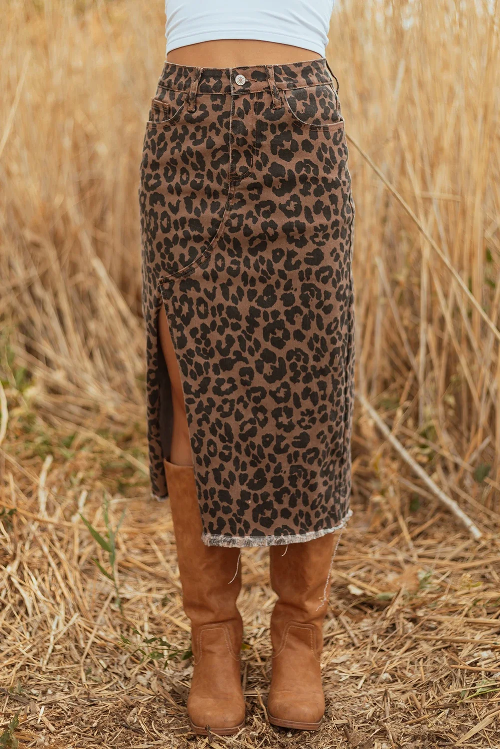 Lucille Brown Leopard Print Frayed Edge Denim Skirt Long Casual Daily Wear