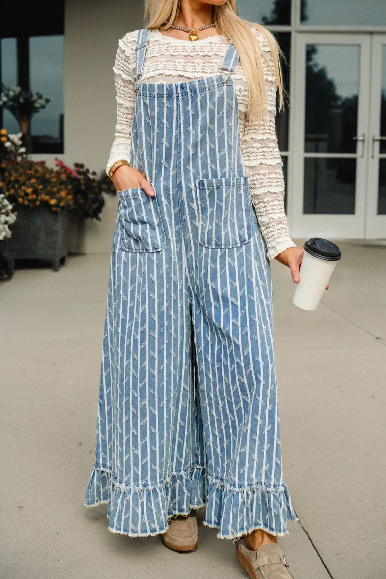Carmella Striped Distressed Ruffled Wide Leg Denim Overalls