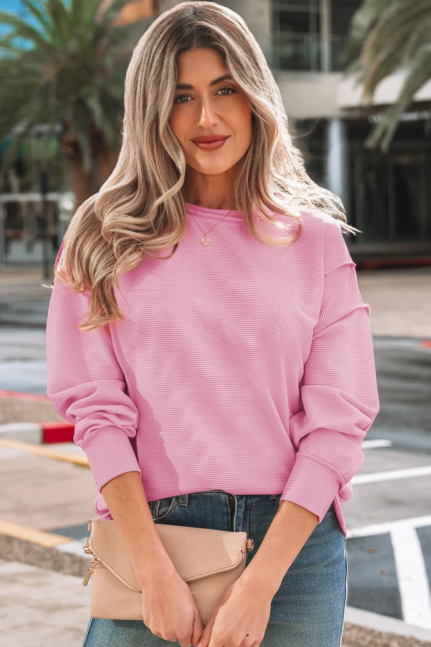 Maureen Pink Horizontal Ribbed Exposed Seam Detail Drop Shoulder Baggy Pullover