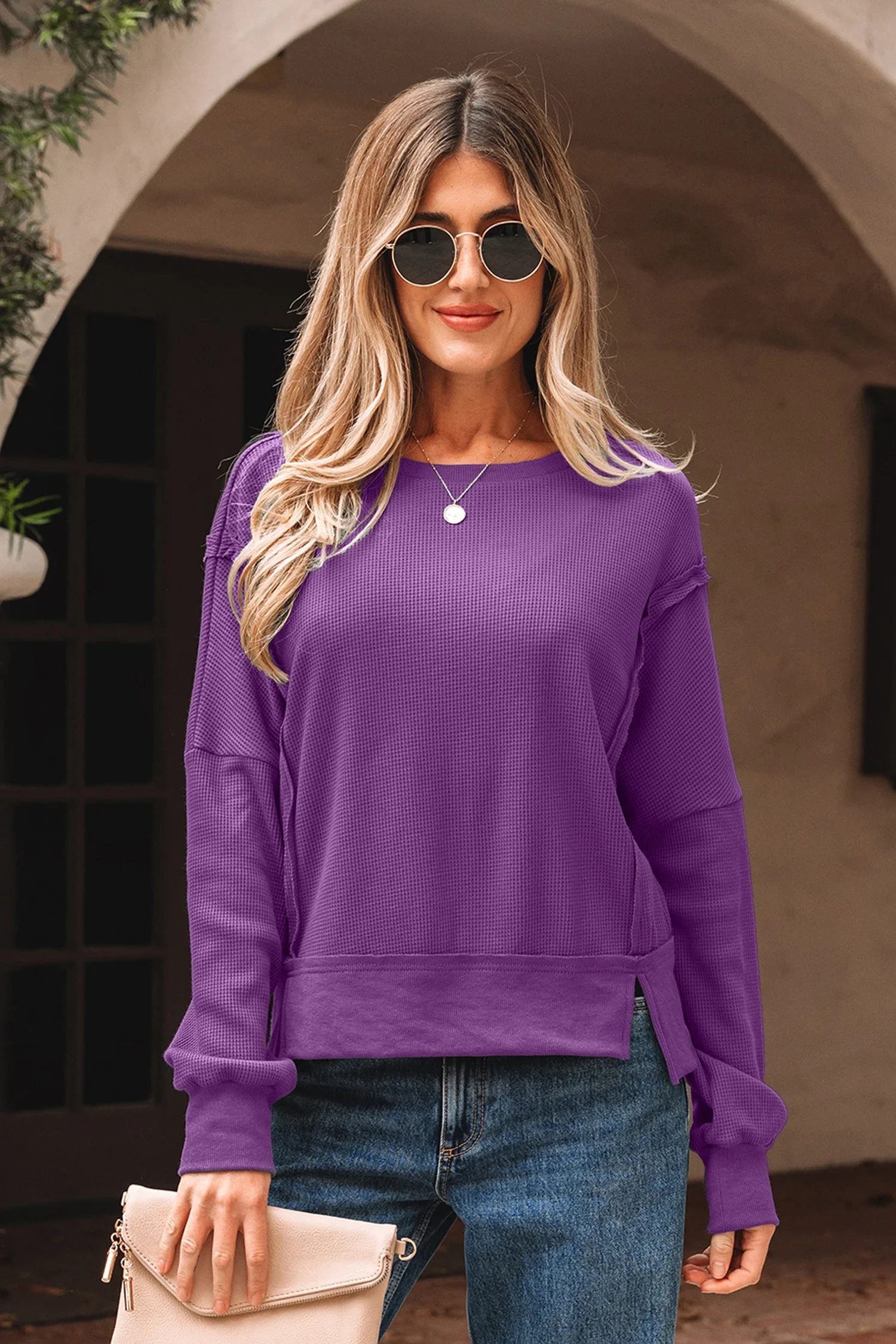 Clydie Orchid Mist Solid Color Raw Seam Patchwork Ribbed Drop Shoulder Sweatshirt