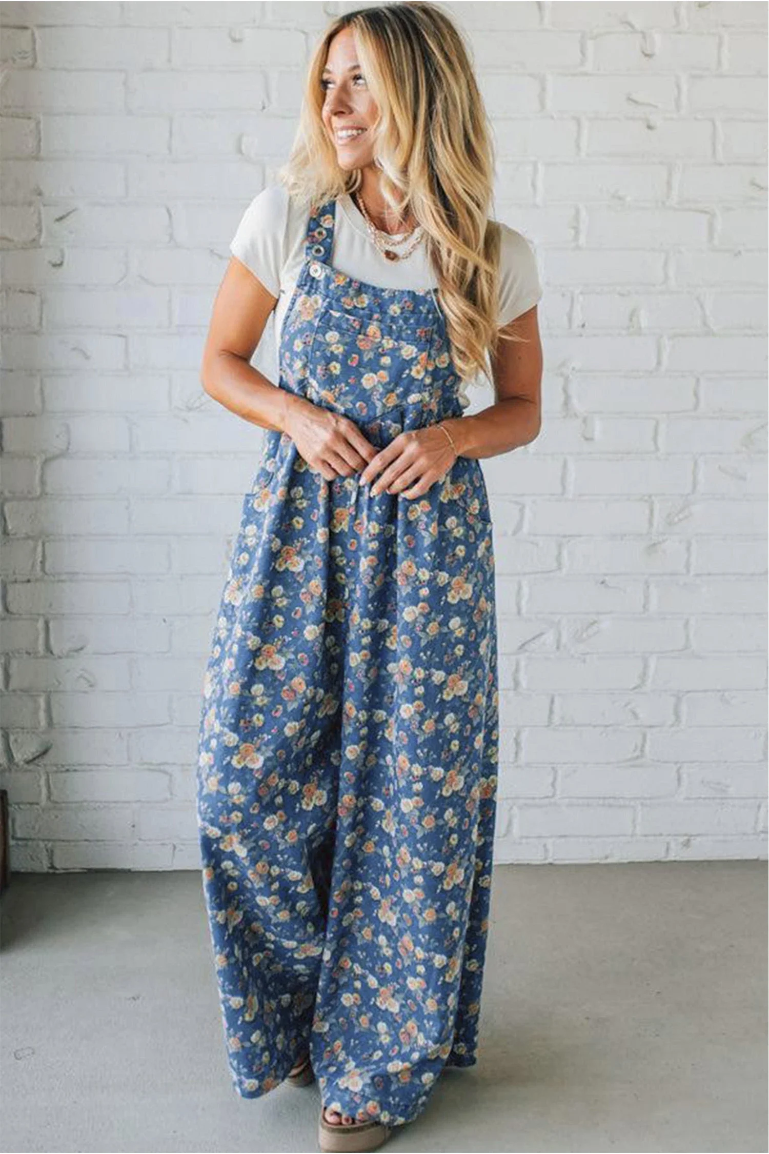 Nessa Blue Vintage Rose Printed Pleated Loose Denim Overall Jumpsuit