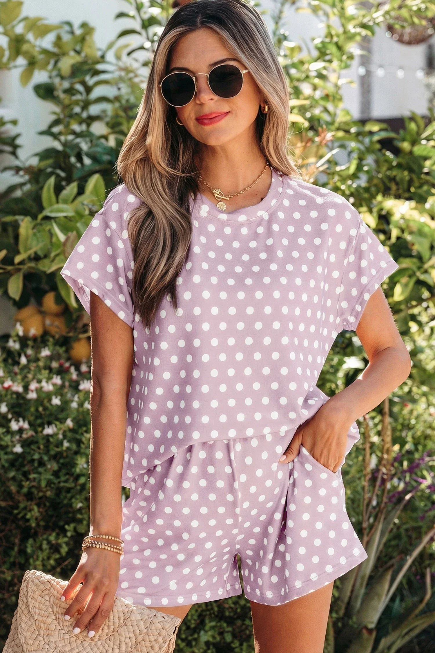 Kaden Purple Polka Dot Print Short Set