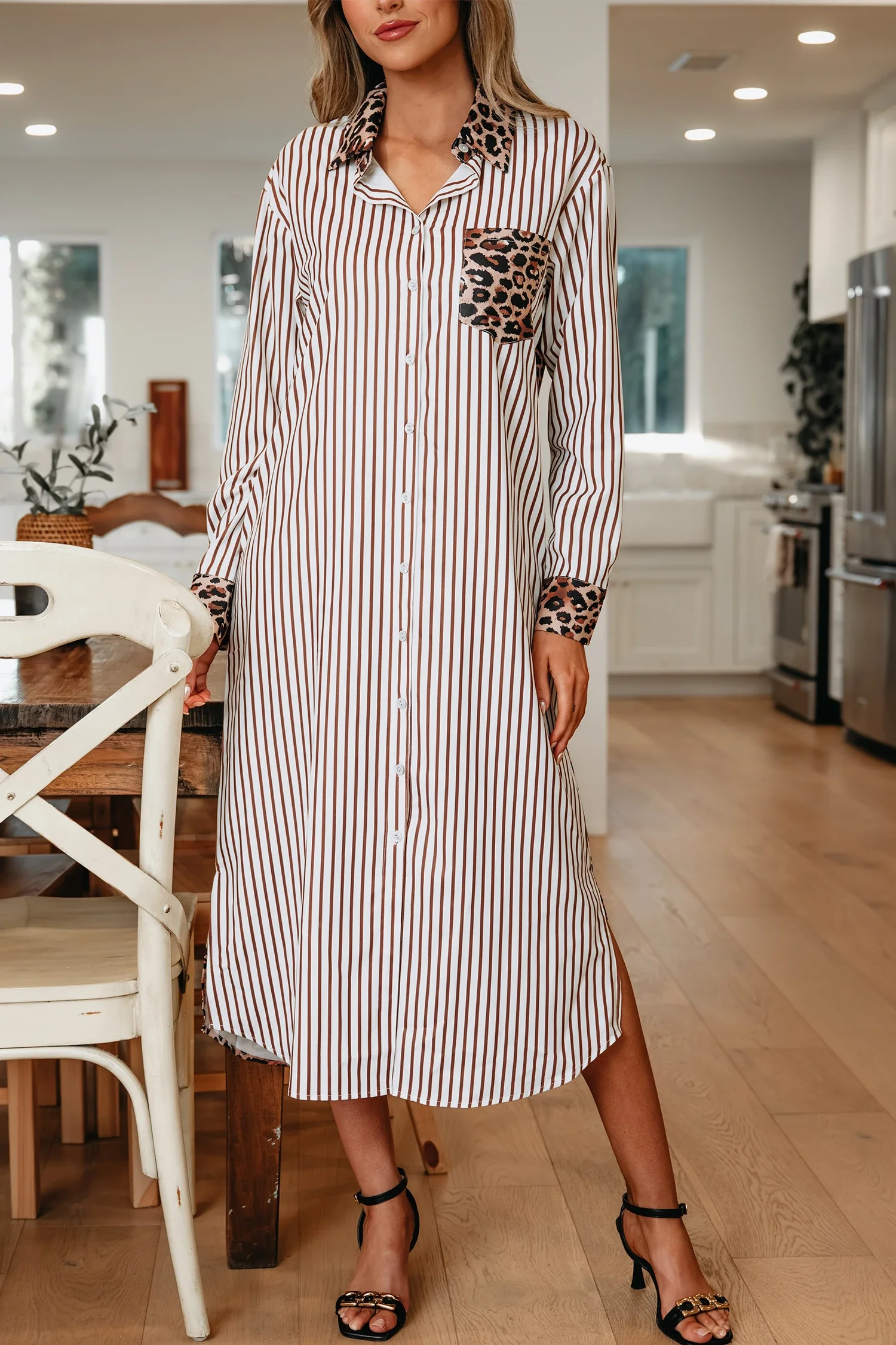 Tona Brown Stripe Contrast Leopard Patchwork Long Shirt Dress with Slits