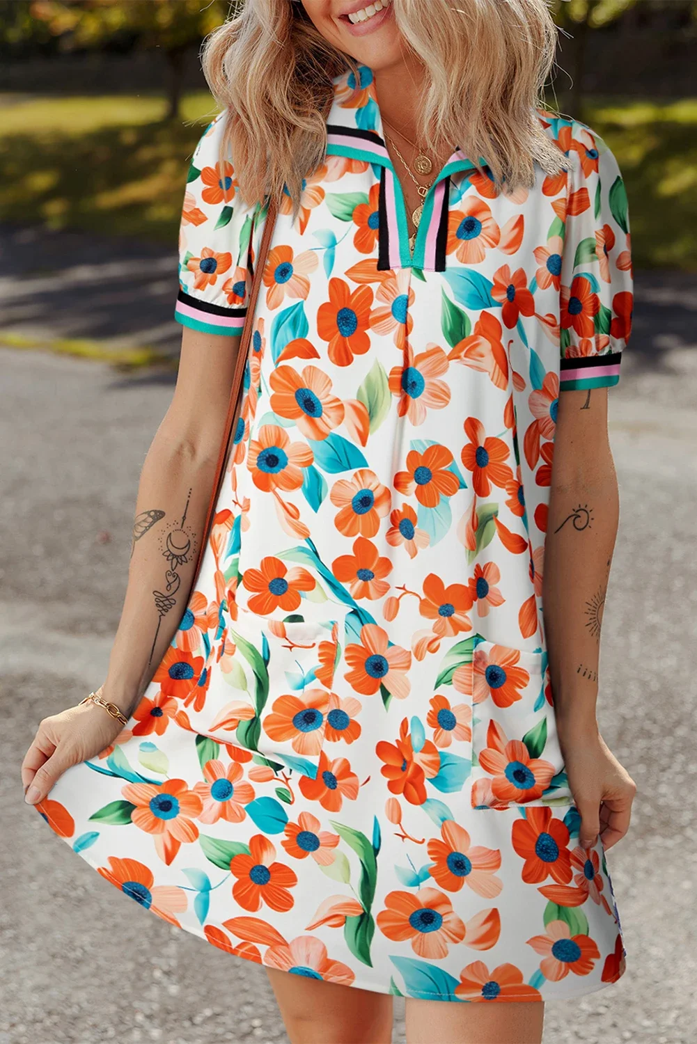 Lucilla Orange Contrast Trim Floral Split Neck Puff Short Sleeve Tiered Mini Dress