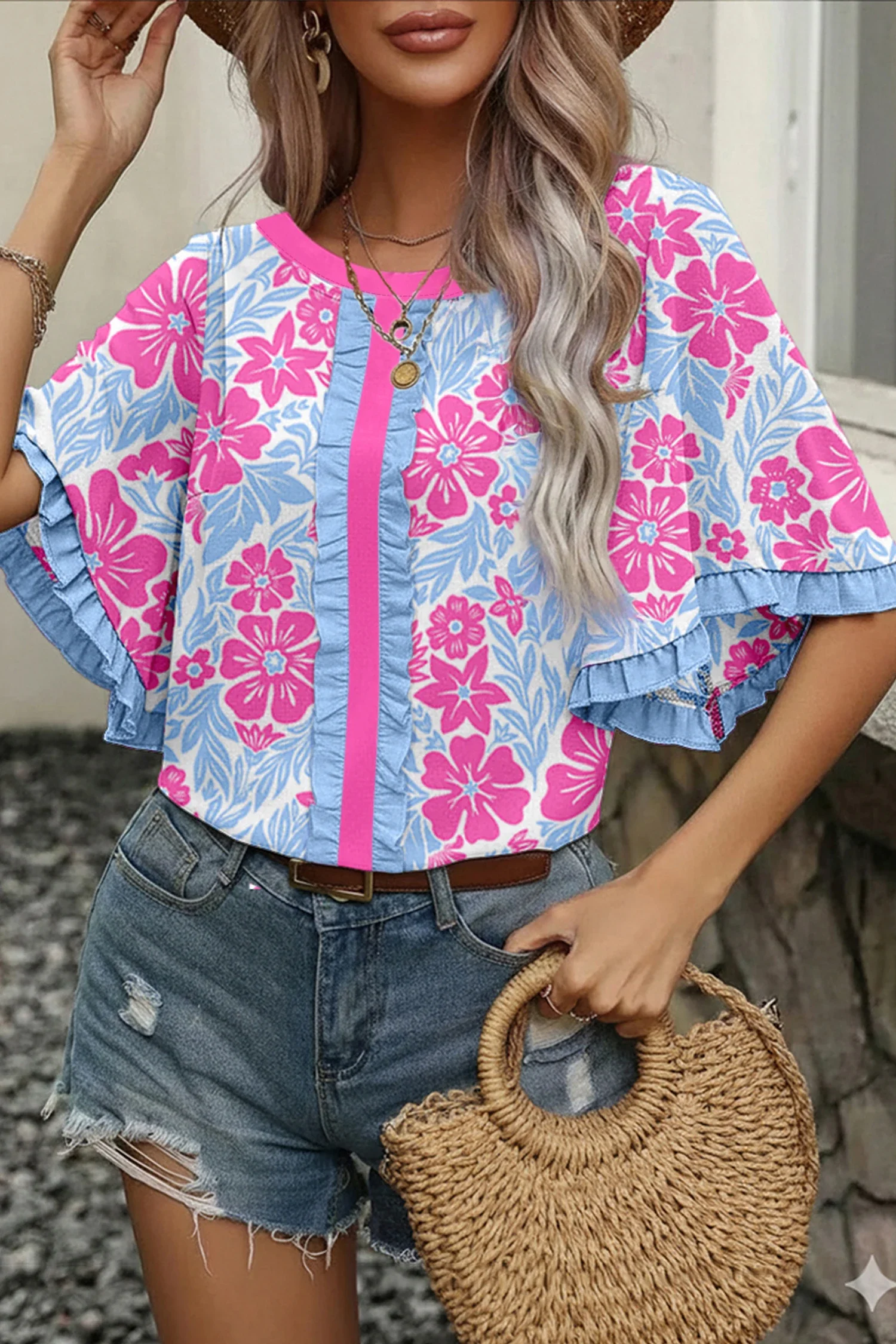 Kella Pink Floral Print Ruffled Color Block Trim Half Sleeve Blouse