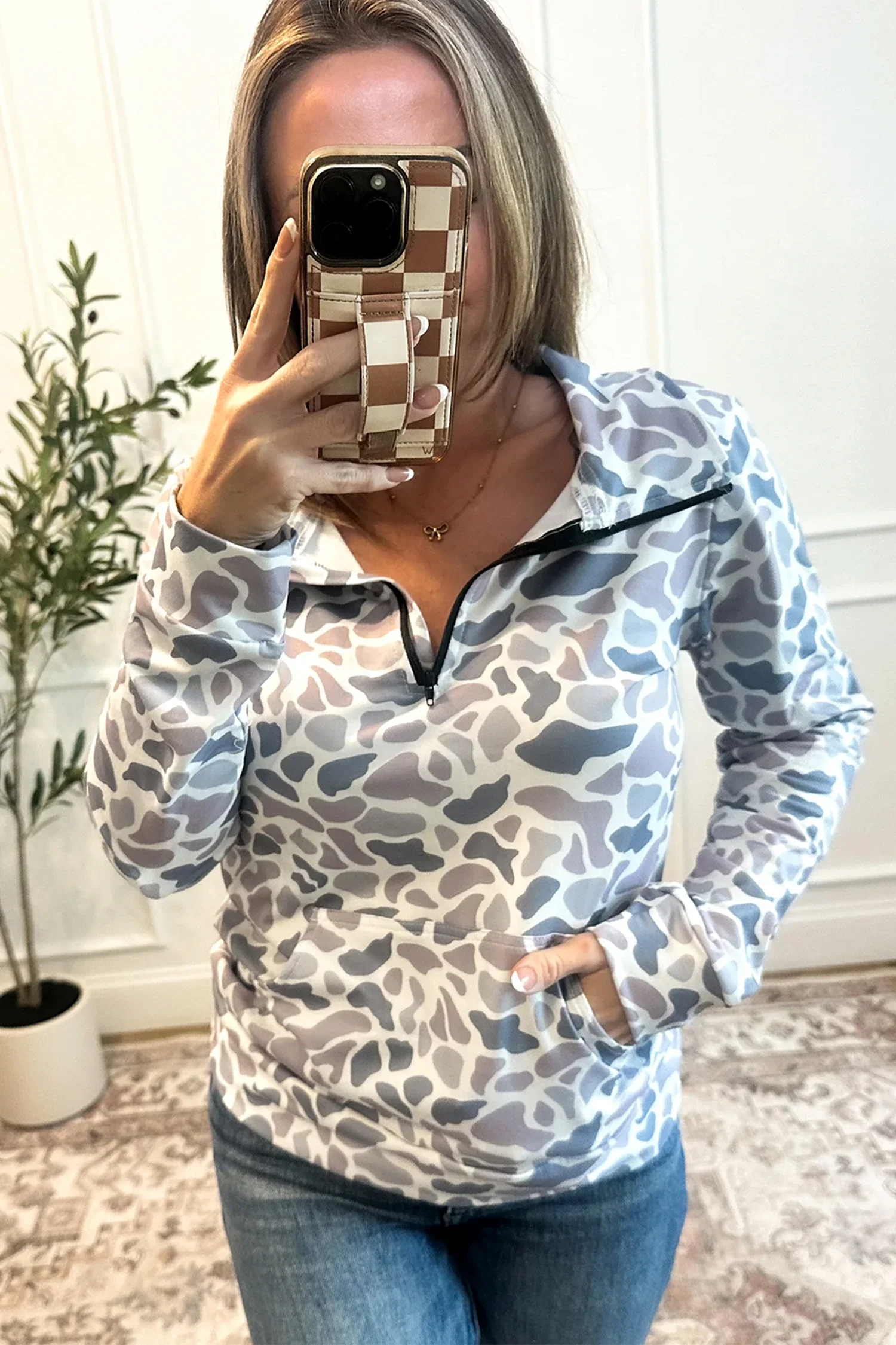 Paigey Camouflage Print Kangaroo Pocket Zip Collar Pullover Sweatshirt