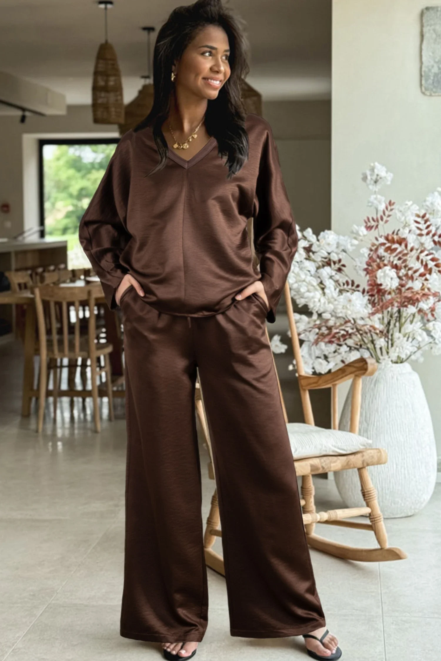 Desiree Dark Brown Braided V Neck Long Sleeve Loose Top and Drawstring High Waist Pants 2pcs Outfit