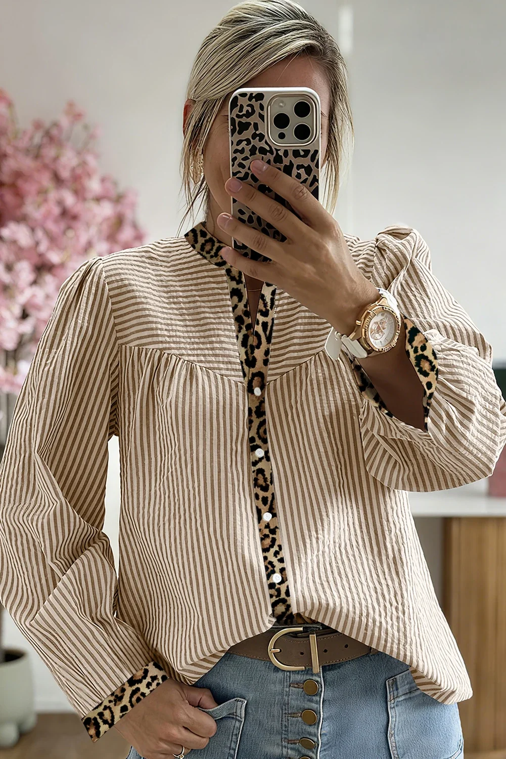 Beyonce Brown Stripe Leopard Patchwork Long Sleeve Shirt